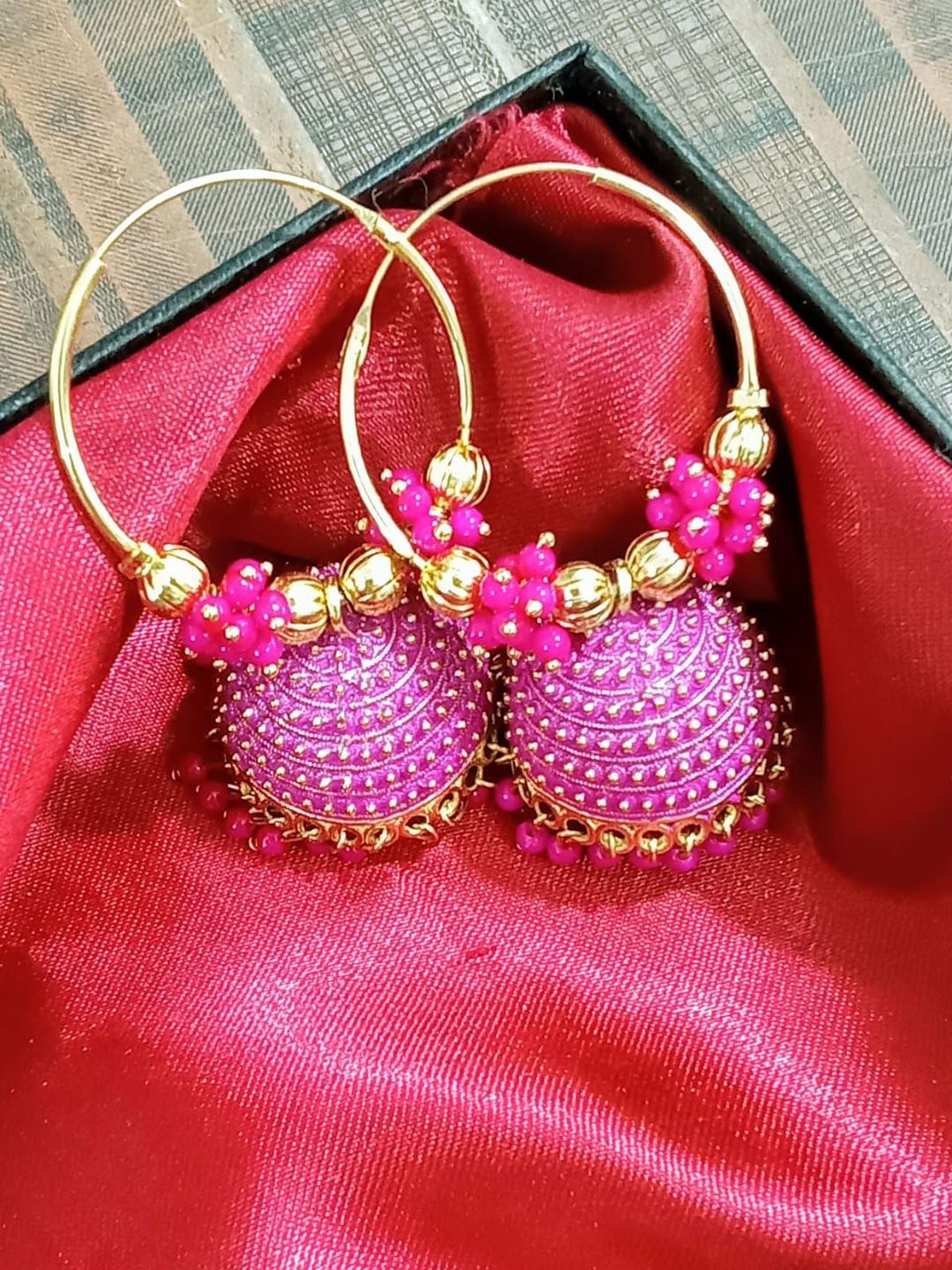 

JMBW INTERNATIONAL Set Of 2 Gold-Plated Artificial Beaded Dome Shaped Jhumkas, Pink