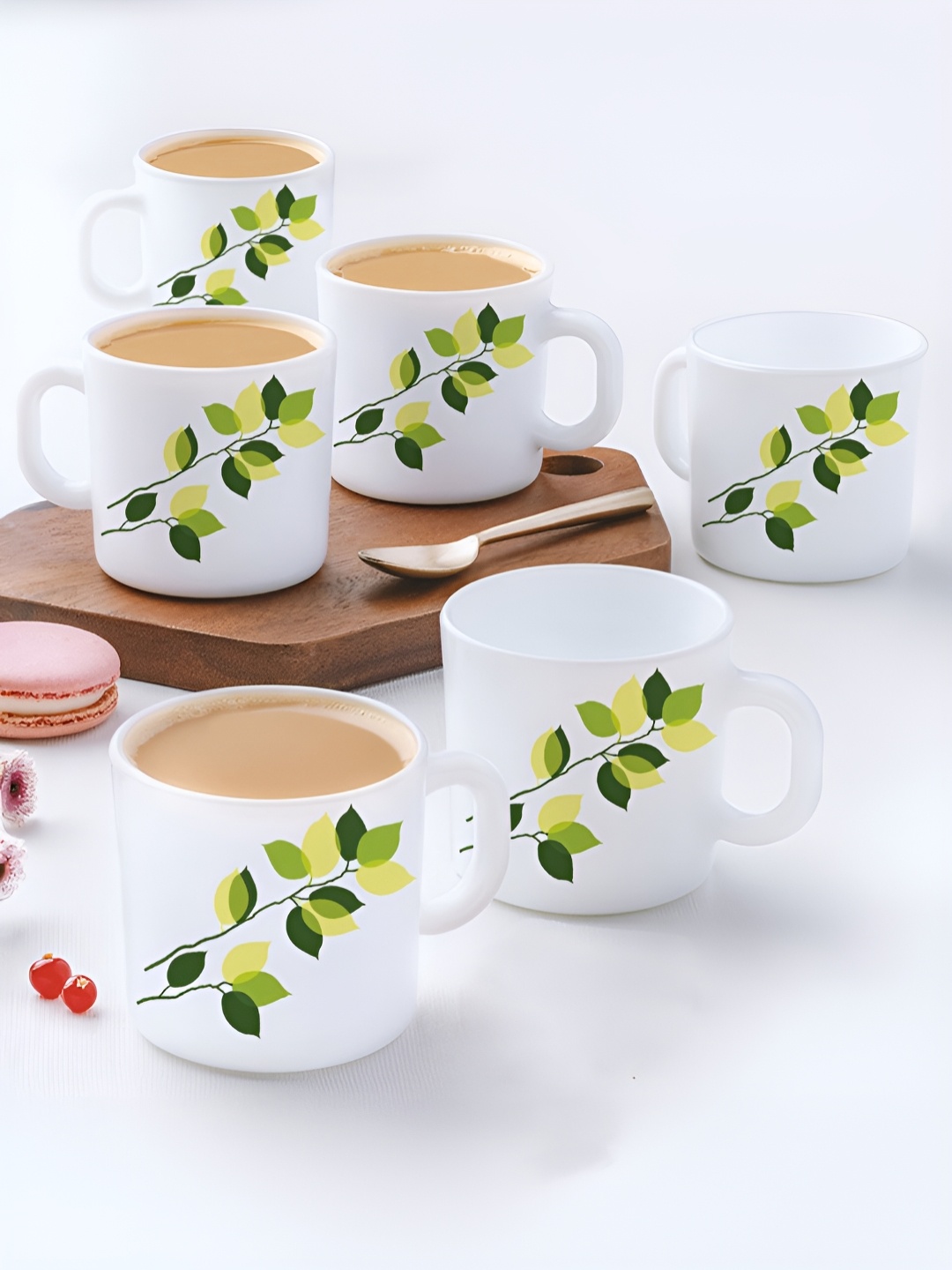 

Larah by BOROSIL Novelty White 6 Pcs Printed Opalware Matte Mugs 180 Ml