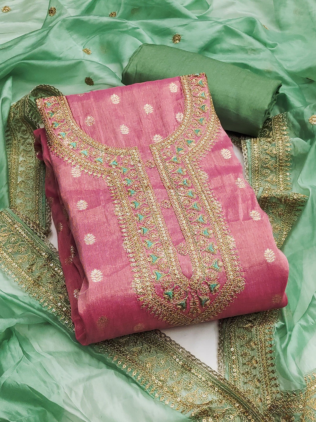 

SAINOOR Floral Woven Design Zari Semi-Stitched Dress Material, Pink