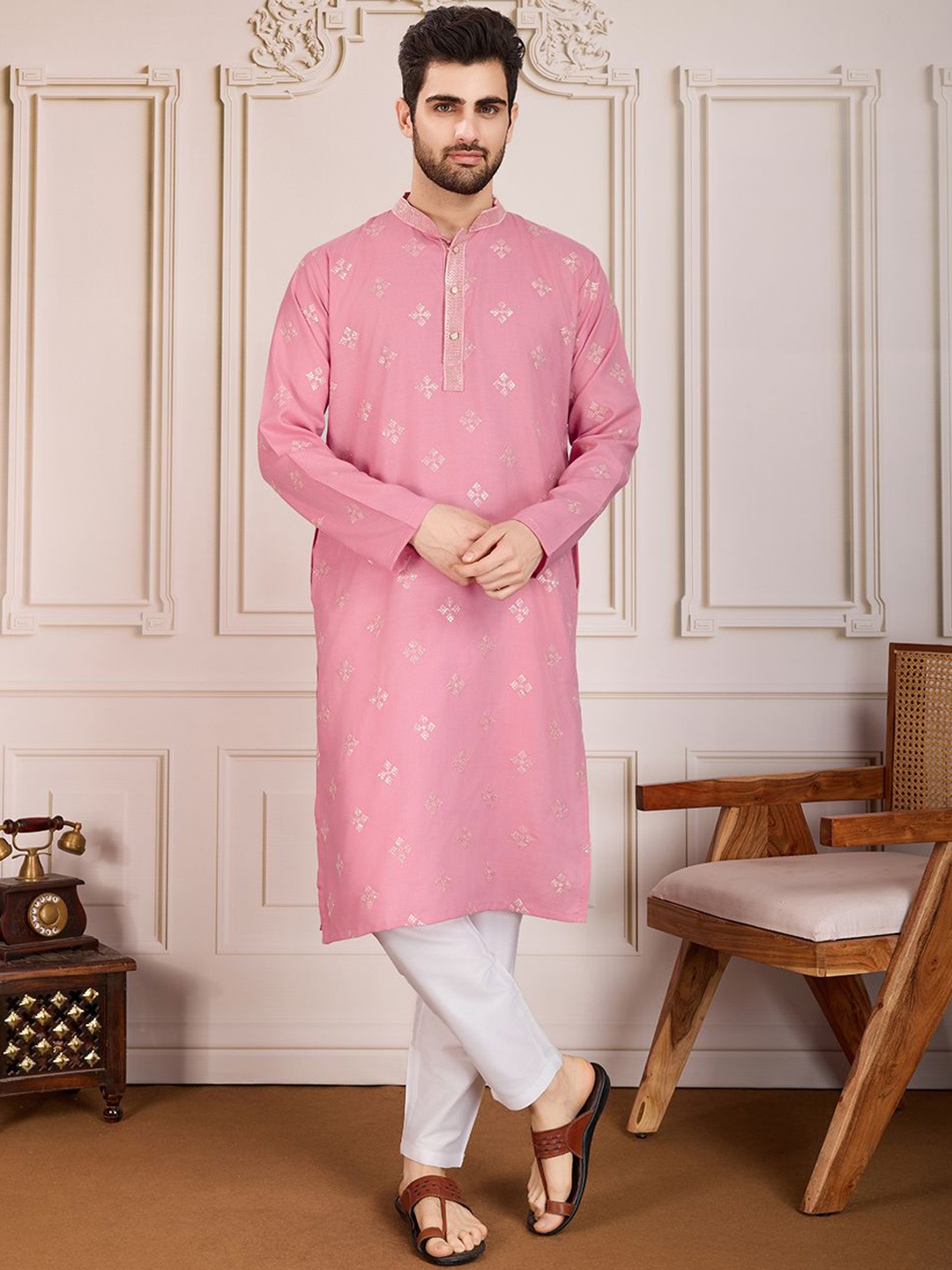 

House of Pataudi Woven Design Straight Kurta, Mauve