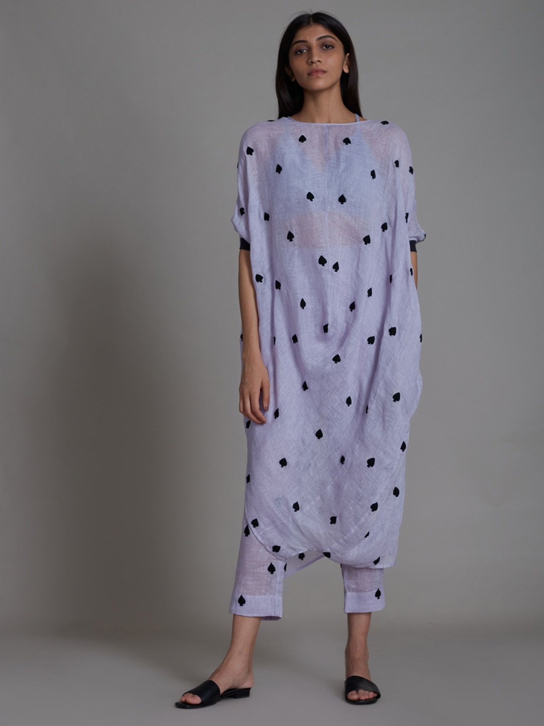 

MATI Print Flared Sleeve Linen A-Line Midi Dress, Lavender