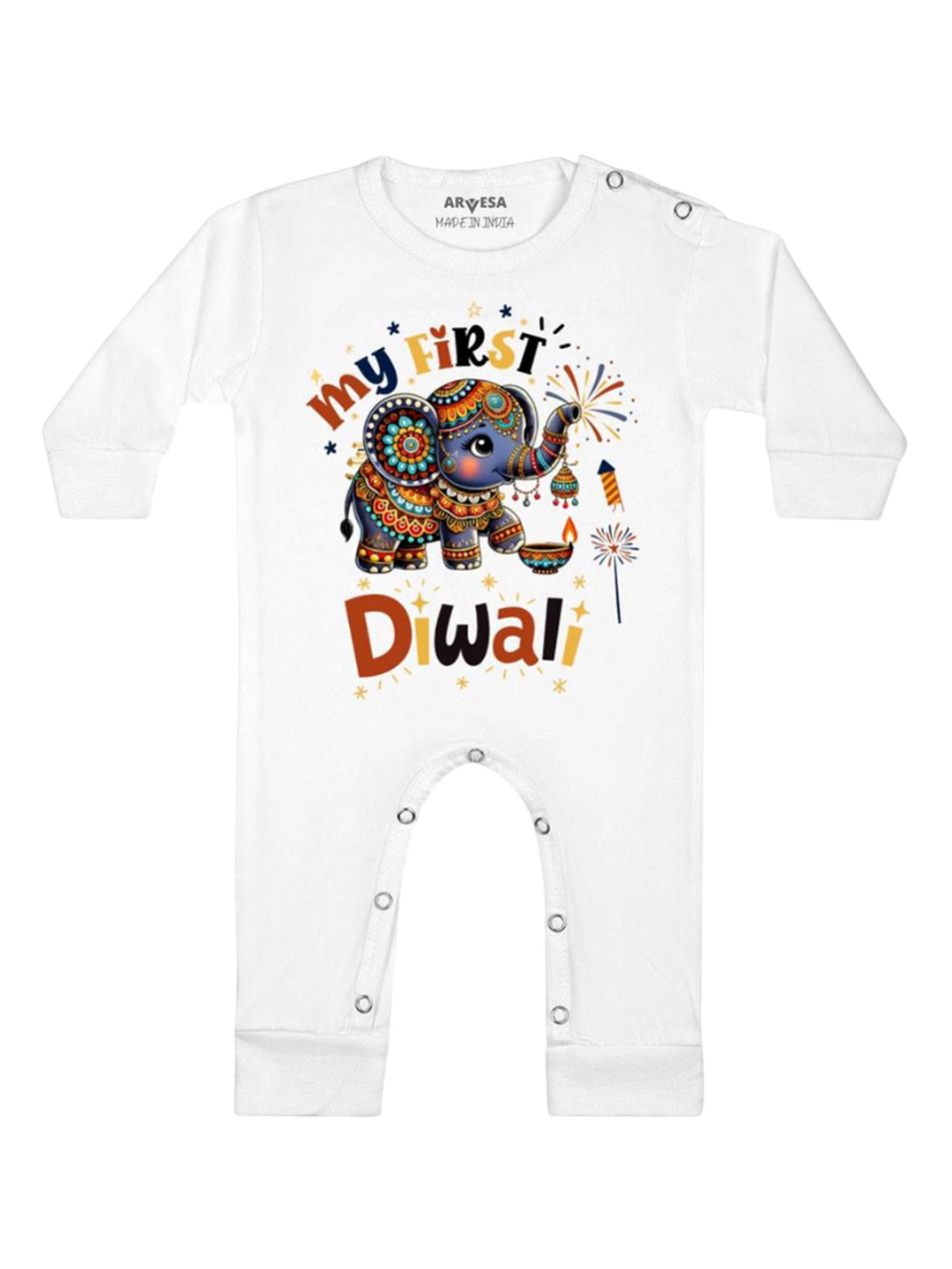 

Arvesa First Diwali Printed Baby Romper, White