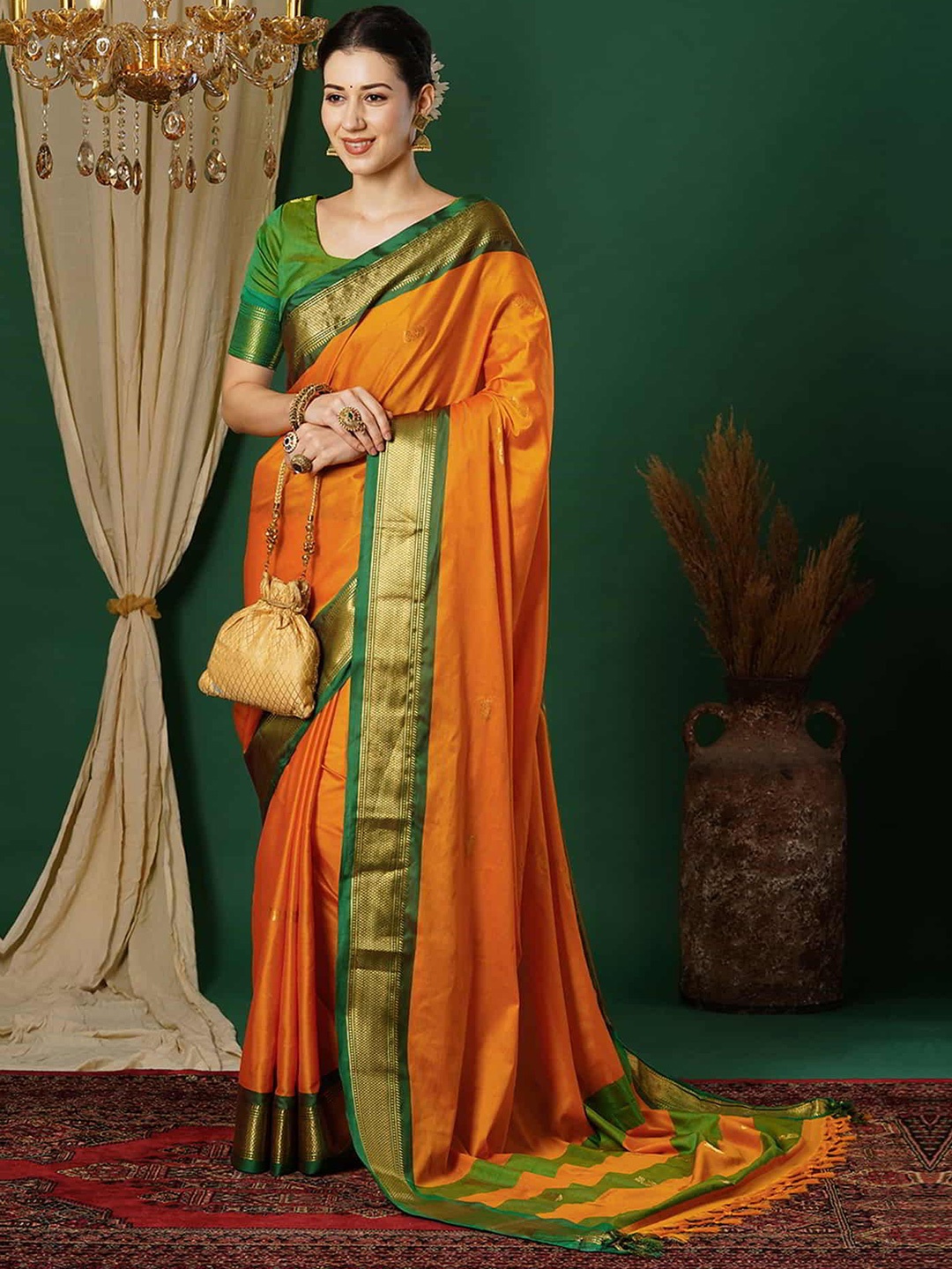 

SILKWEAR Ethnic Motifs Silk Cotton Designer Banarasi Saree, Orange