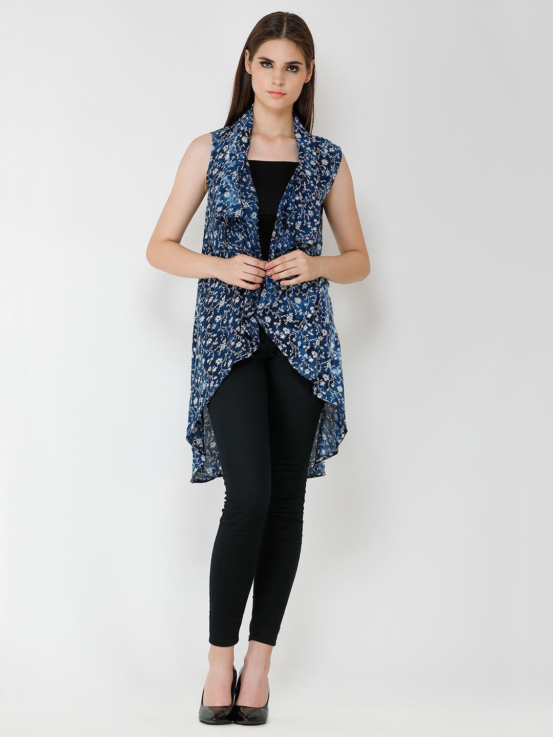 

Moda Rapido Printed Mandarin Collar Open Front Shrug, Navy blue