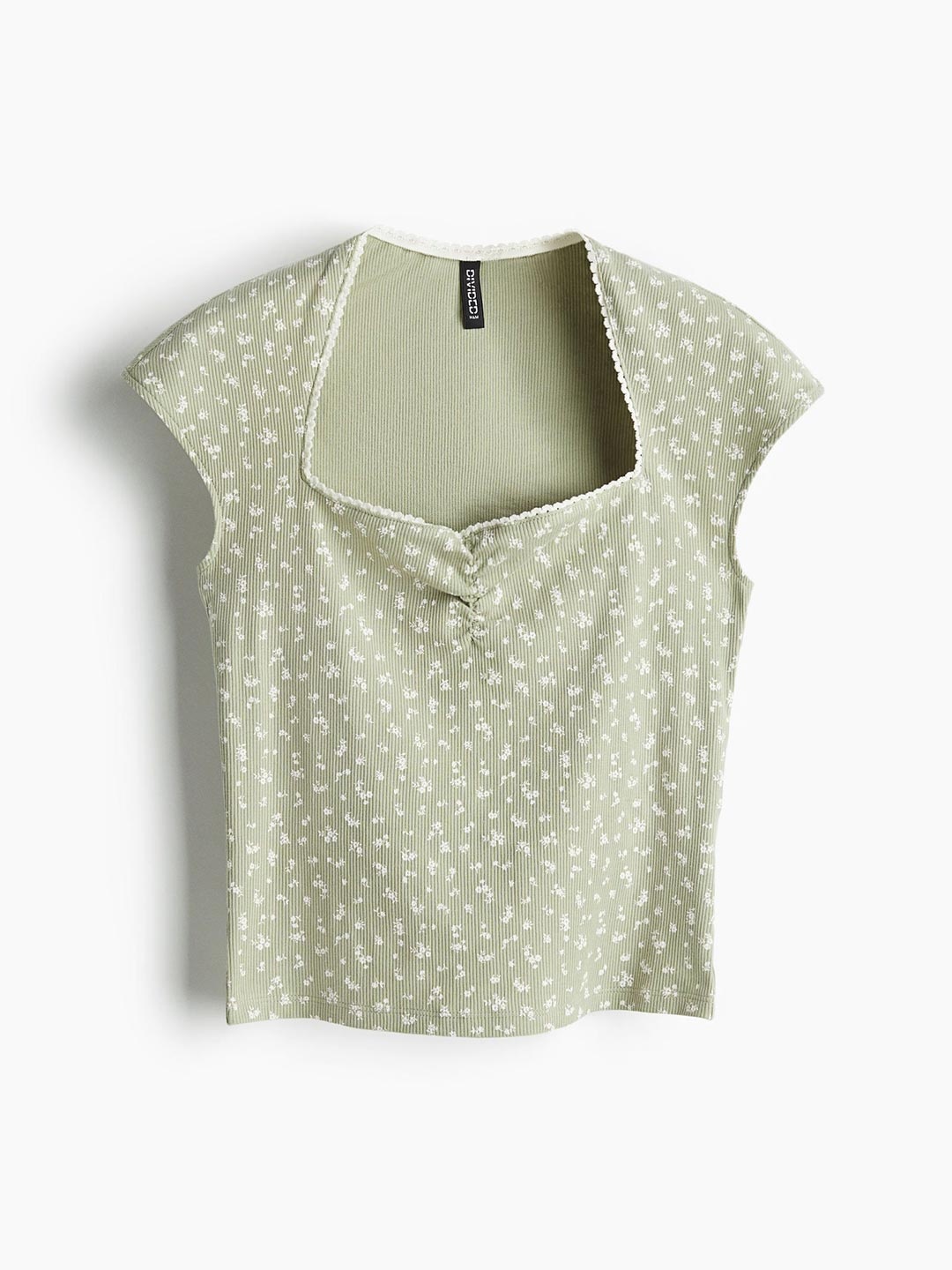 

H&M Ribbed Sweetheart-Neck Top, Green