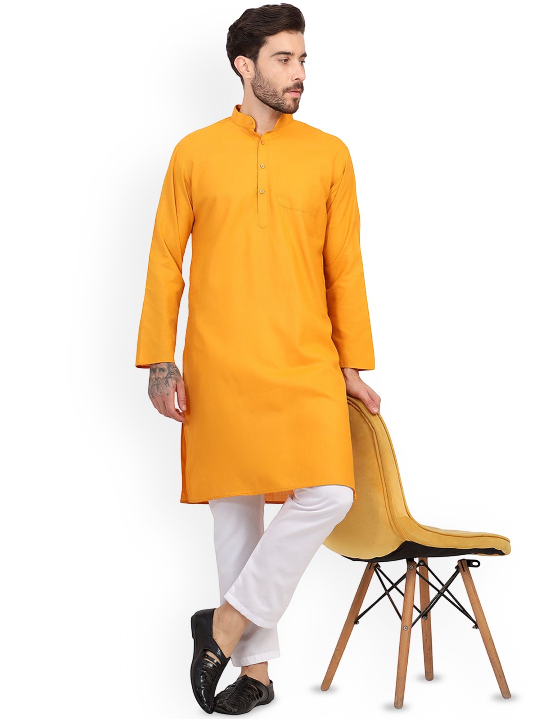 

Sadree Mandarin Collar Kurta, Yellow