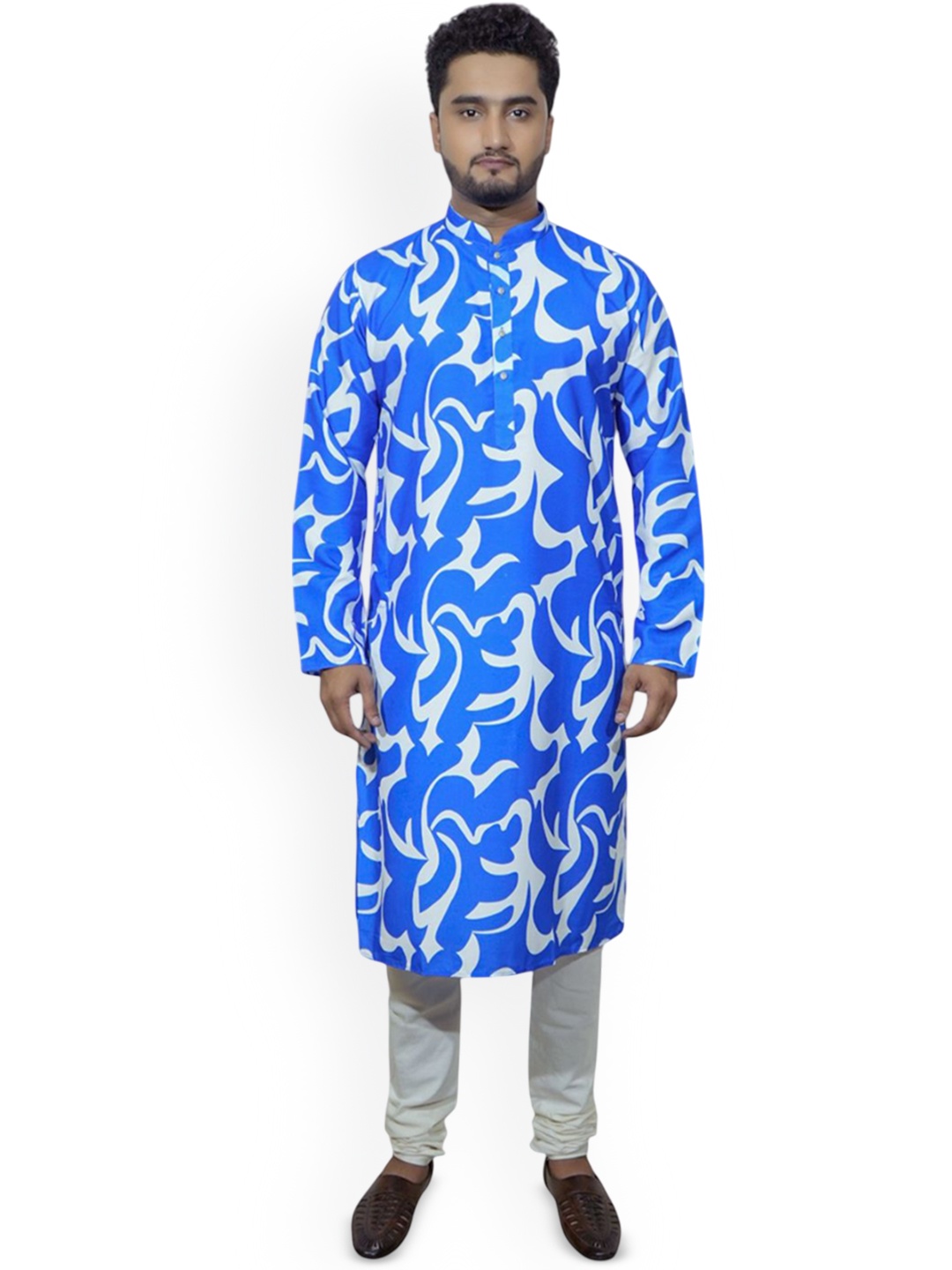

fABRIQ Abstract Printed Pure Cotton Mandarin Collar Straight Kurta, Blue