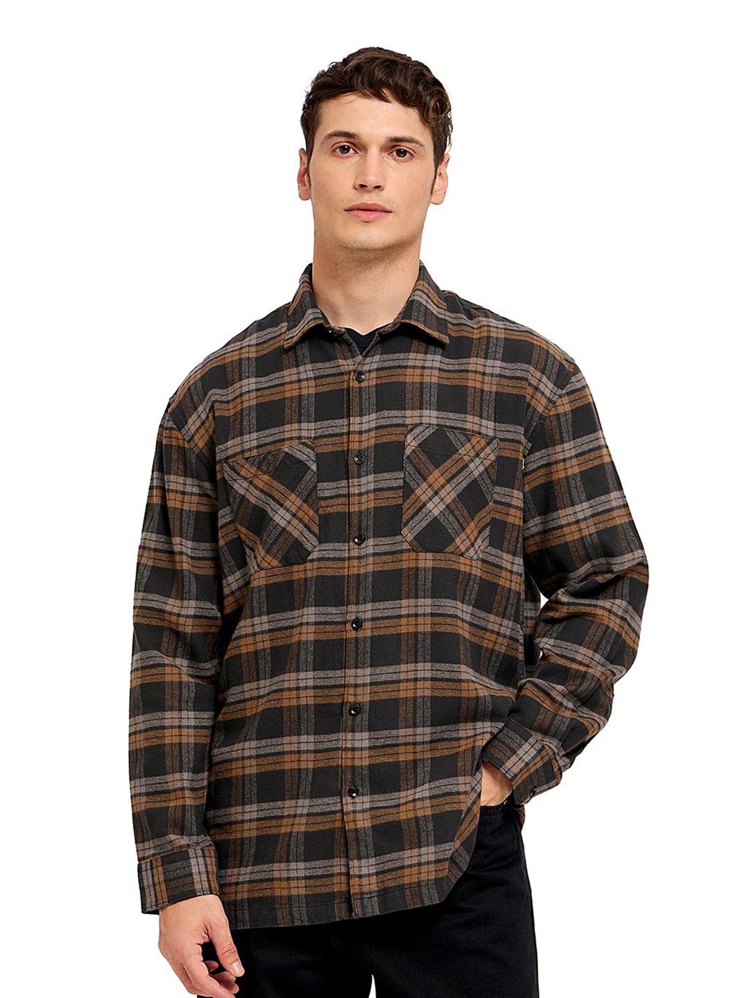 

Mast & Harbour Men Comfort Tartan Checks Opaque Checked Casual Shirt, Brown