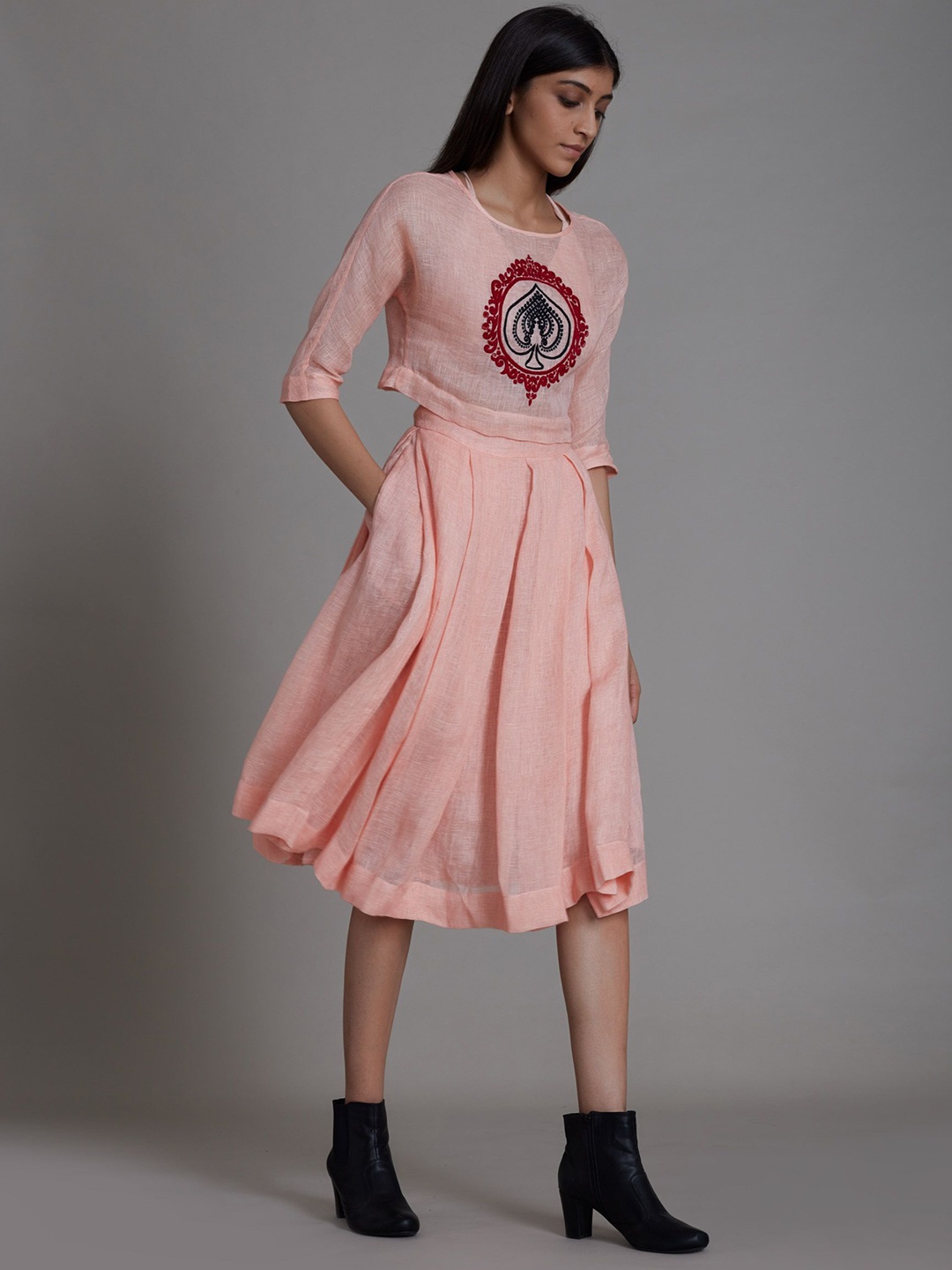 

MATI Geometric Print Bell Sleeve Linen Longline Top, Pink