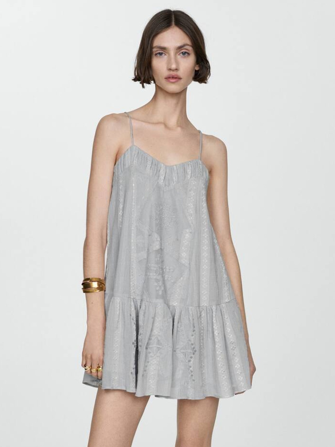 

MANGO Floral Embroidered Evase Mini Dress, Grey