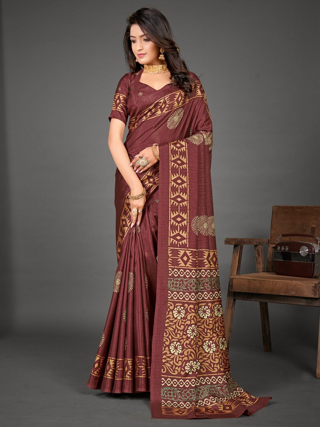 

Mitera Ethnic Motifs Bagru Saree, Brown