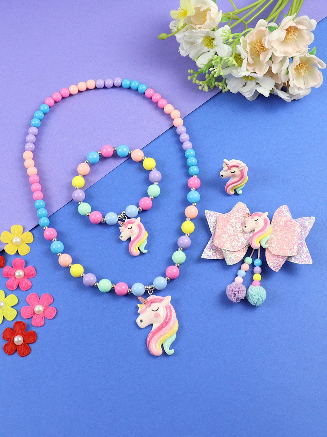 

Asthetika Kids Girls Unicorn Beaded Necklace Bracelet & Finger Ring With Hair Clip Set, Pink