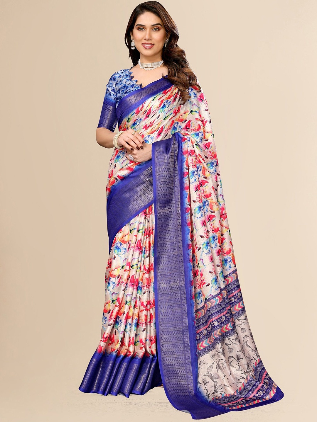 

Fashion FRICKS Floral Zari Silk Cotton Saree, Blue