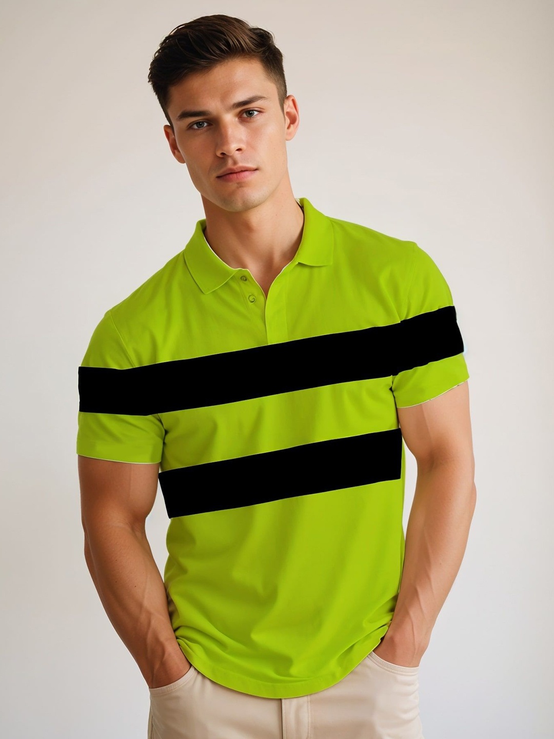 

SOBERSAINT Men Striped Polo Collar T-shirt, Green