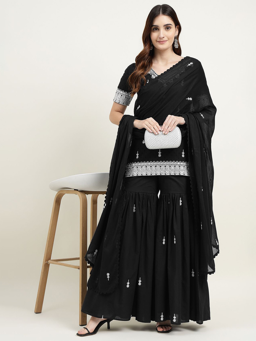 

ZARI Women Floral Embroidered Regular Thread Work Pure Cotton Kurti with Sharara & With Dupatta, Black