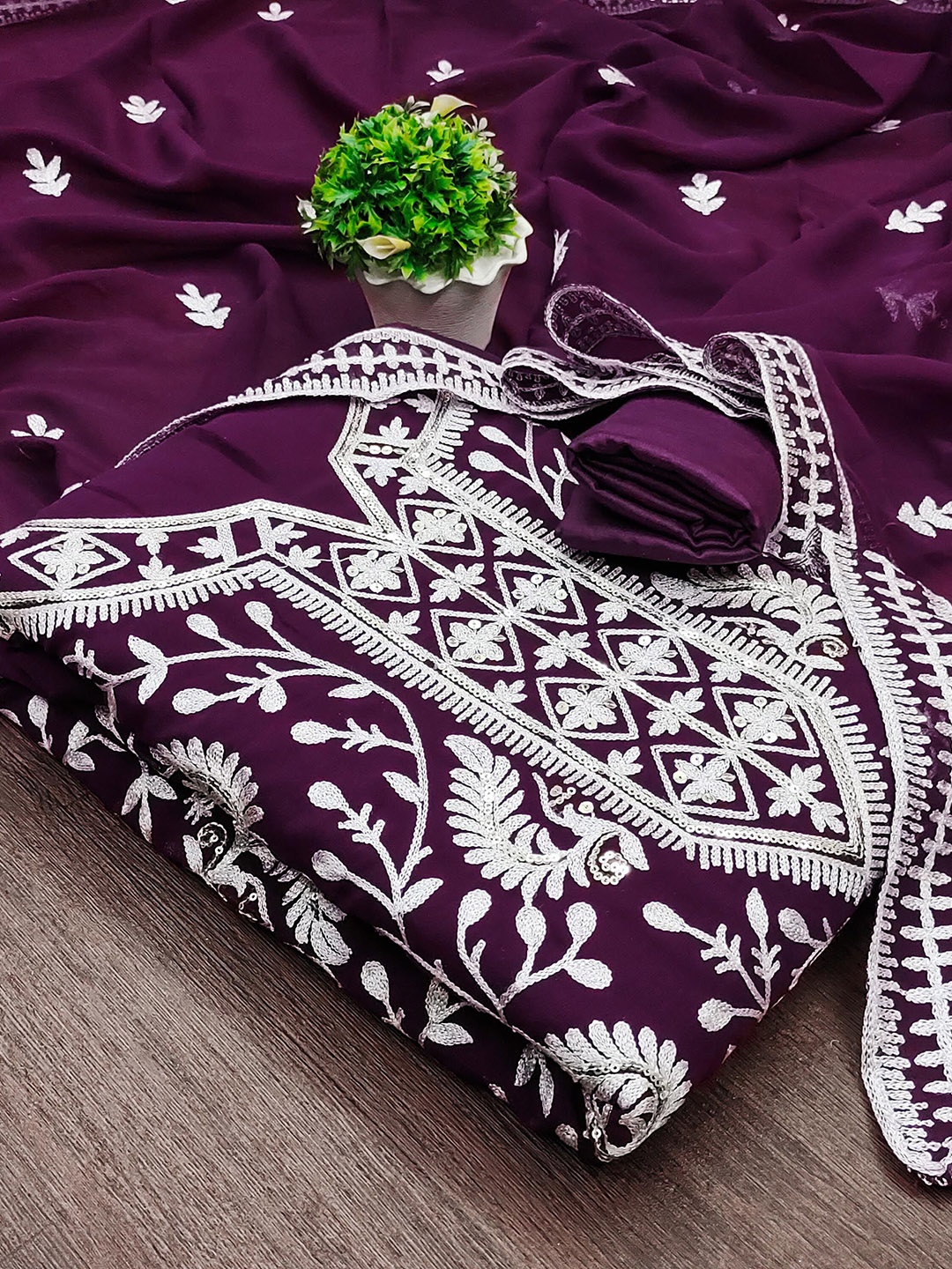 

SAINOOR Floral Embroidered Silk Georgette Unstitched Dress Material, Purple