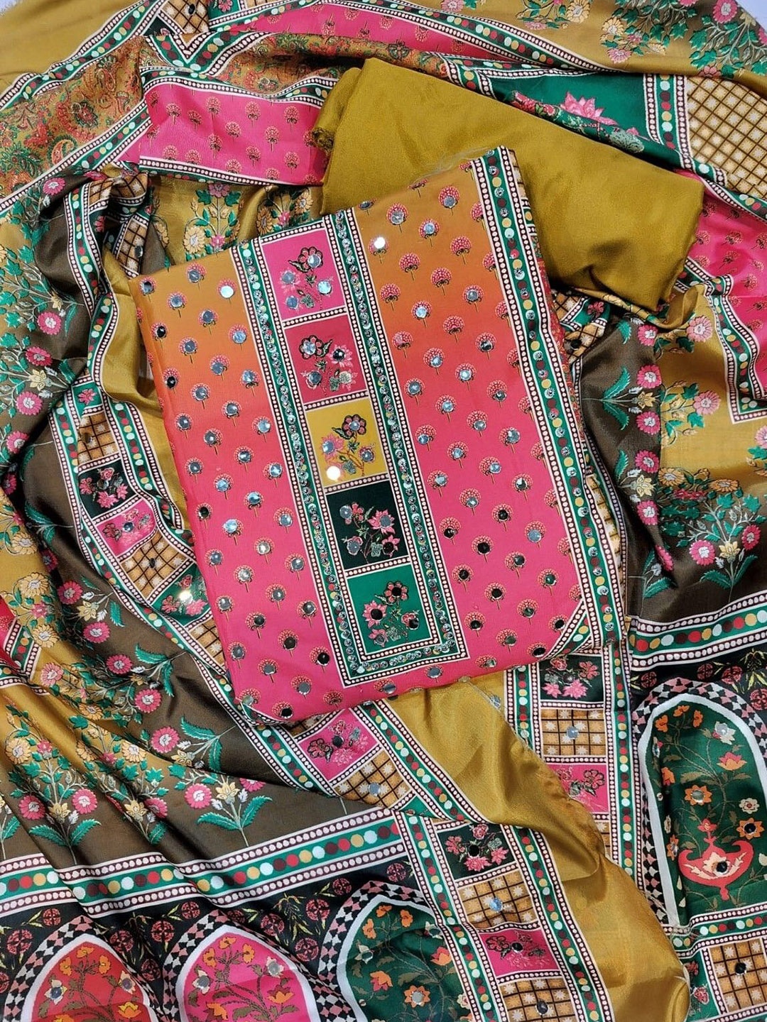 

REET MAHAL Embroidered Art Silk Unstitched Dress Material, Yellow