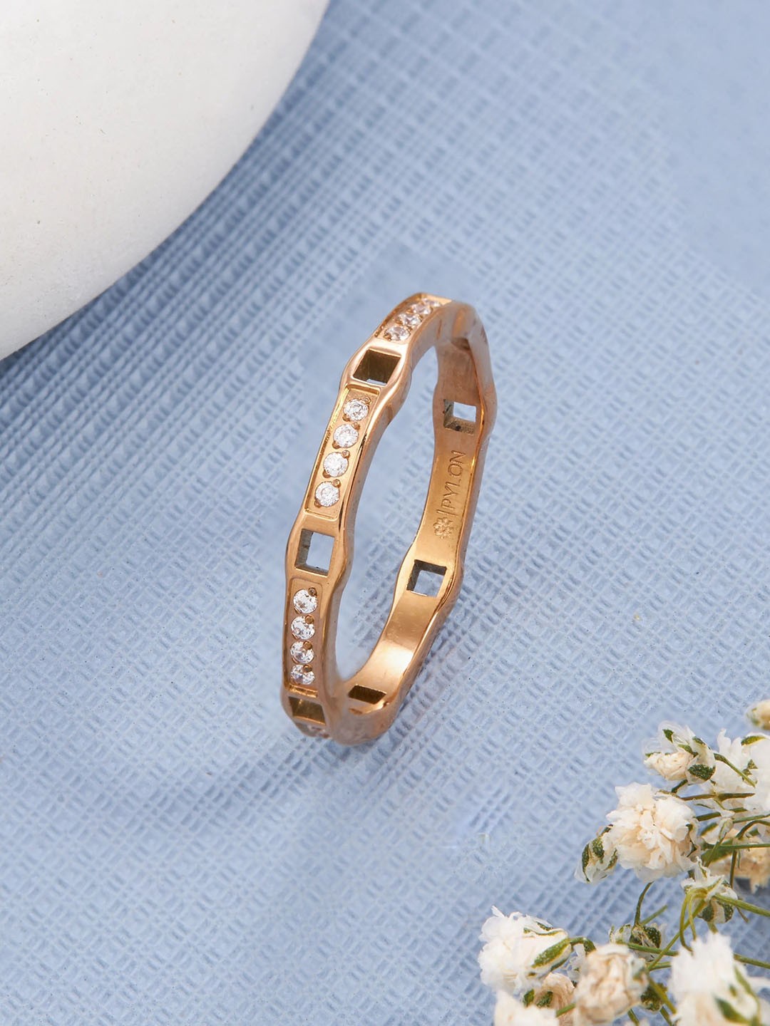 

PYLON Stainless Steel Artificial Stones Studded Finger Ring, Rose gold