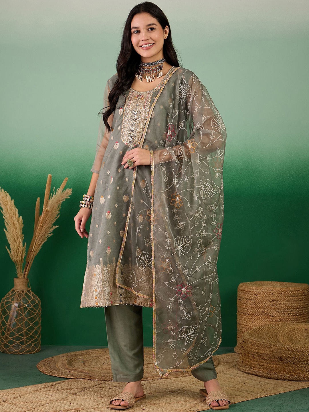 

SAINOOR Floral Woven Design Organza Zari Semi-Stitched Dress Material, Sea green