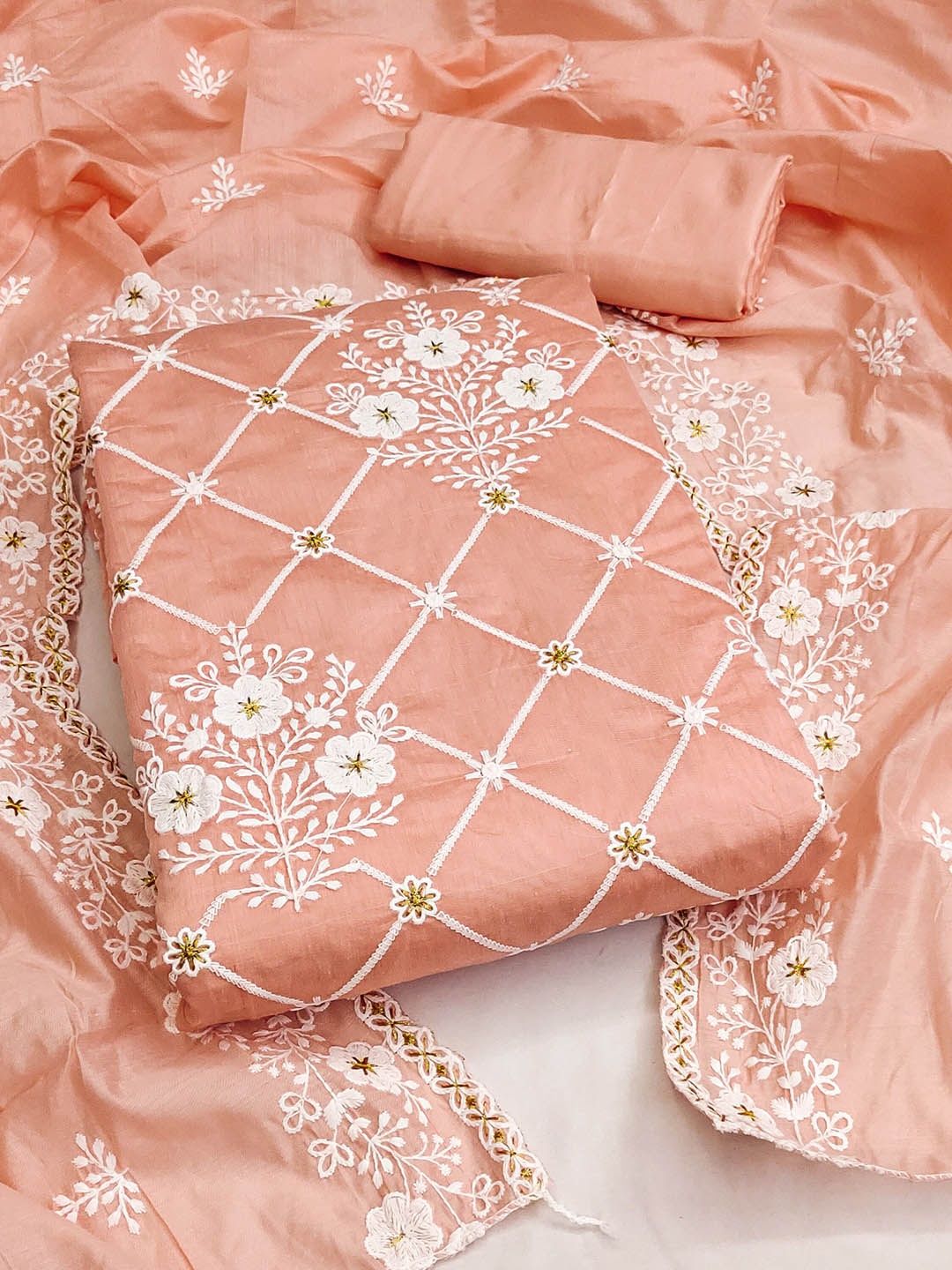 

SAINOOR Floral Embroidered Beads And Stones Semi-Stitched Dress Material, Peach