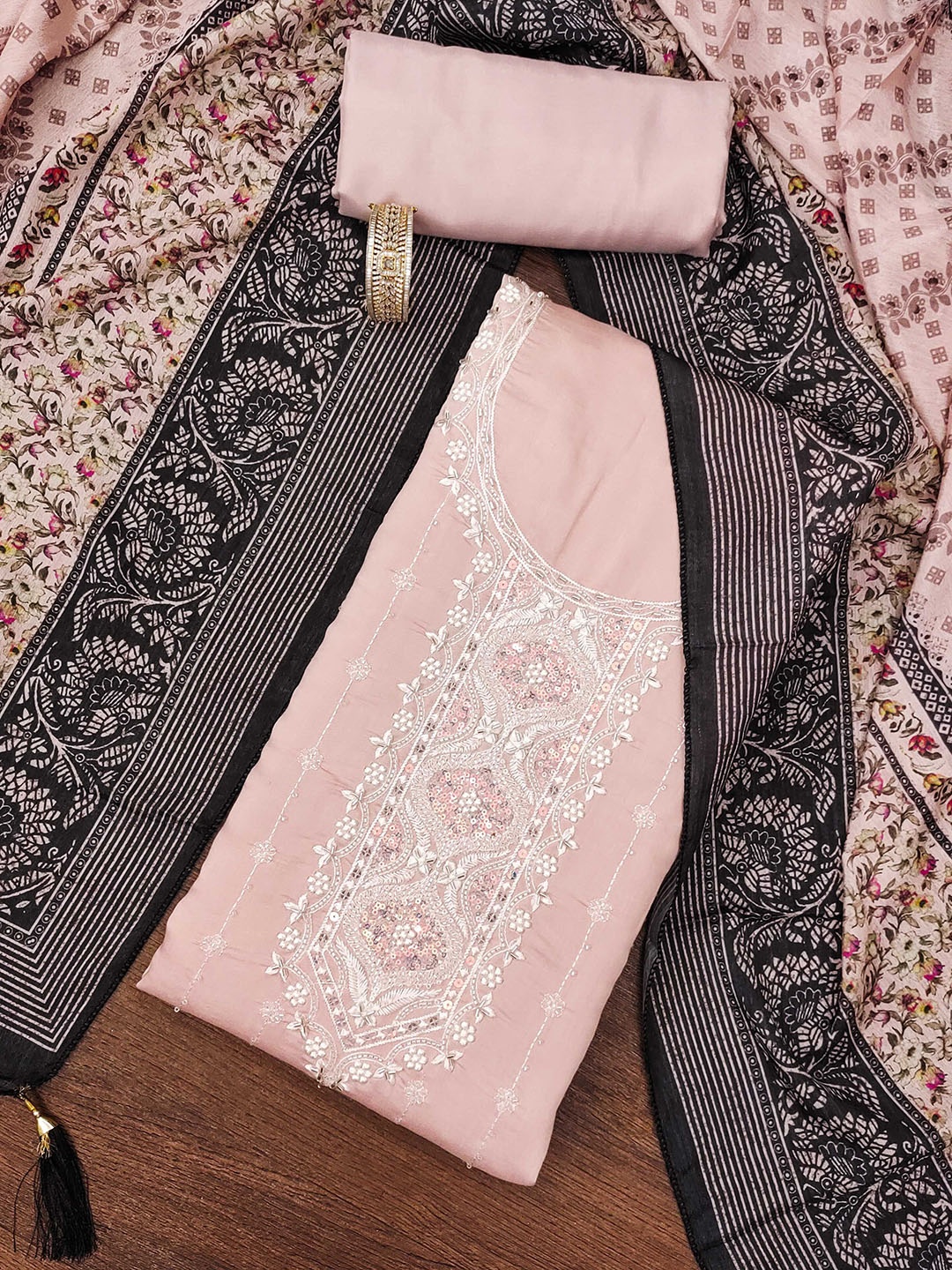 

SAINOOR Embroidered Pure Silk Semi-Stitched Dress Material, Peach