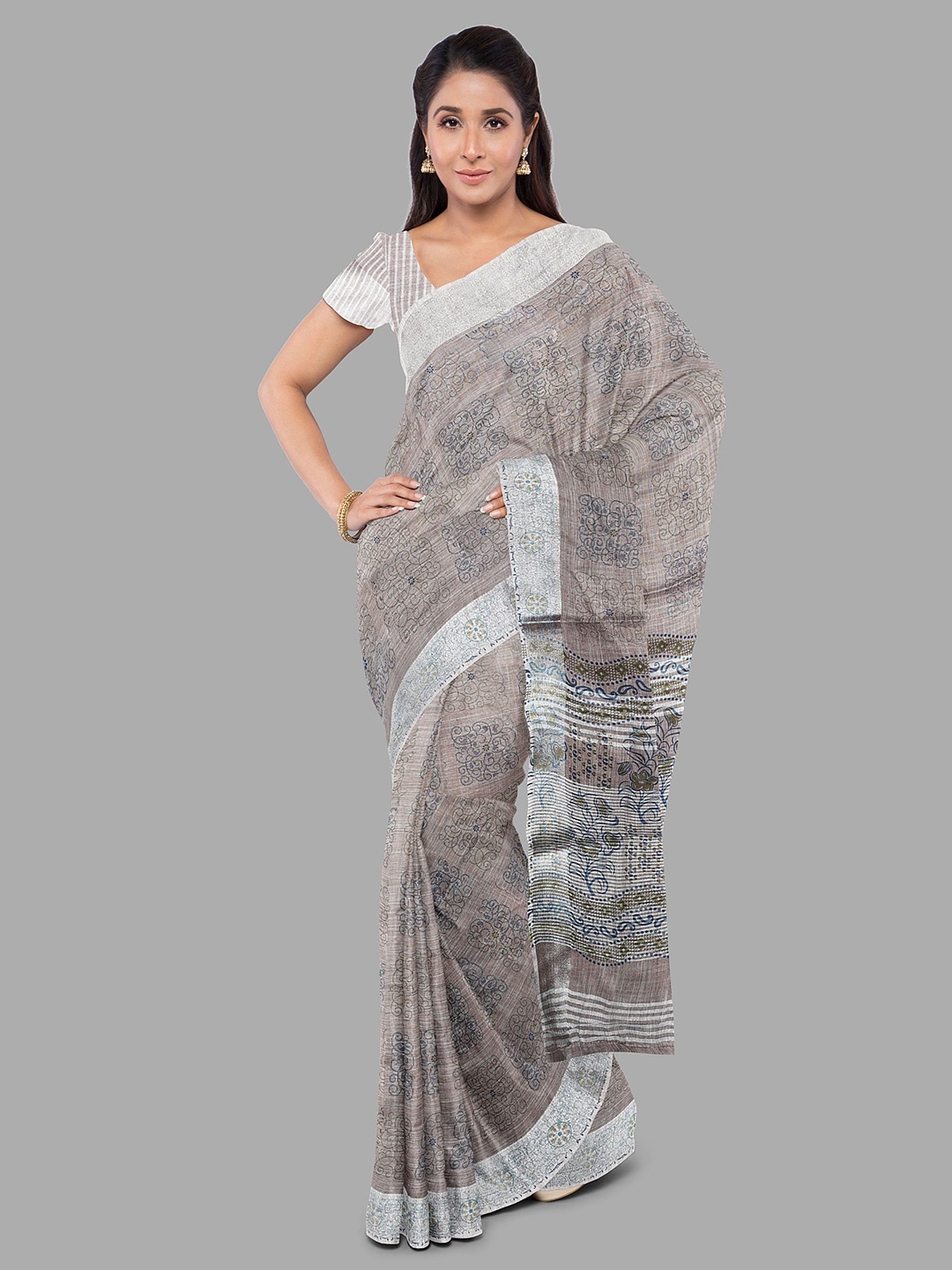 

The Chennai Silks Floral Zari Linen Blend Bhagalpuri Saree, Brown