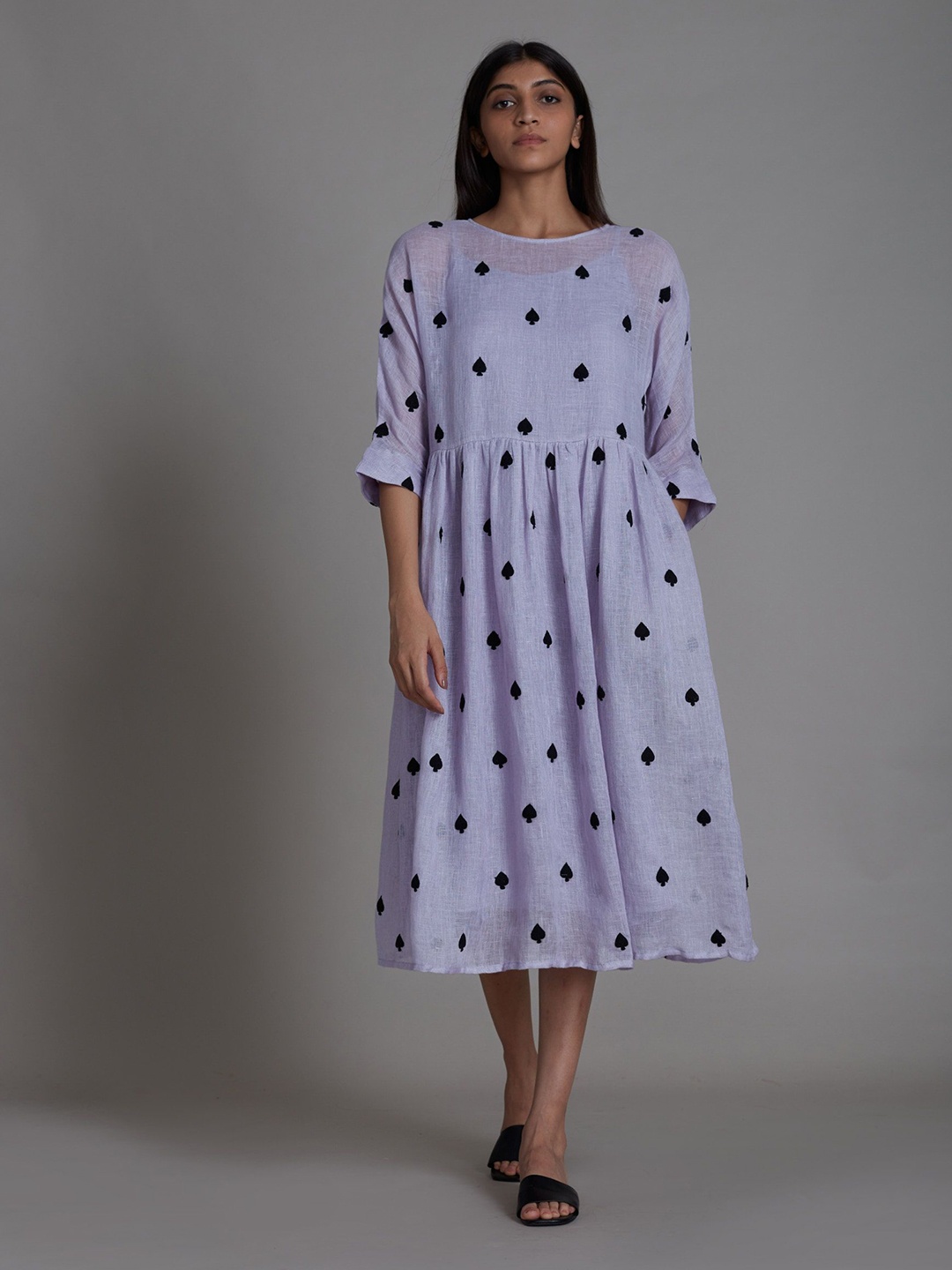 

MATI Floral Print Bell Sleeve Linen Fit & Flare Midi Dress, Lavender