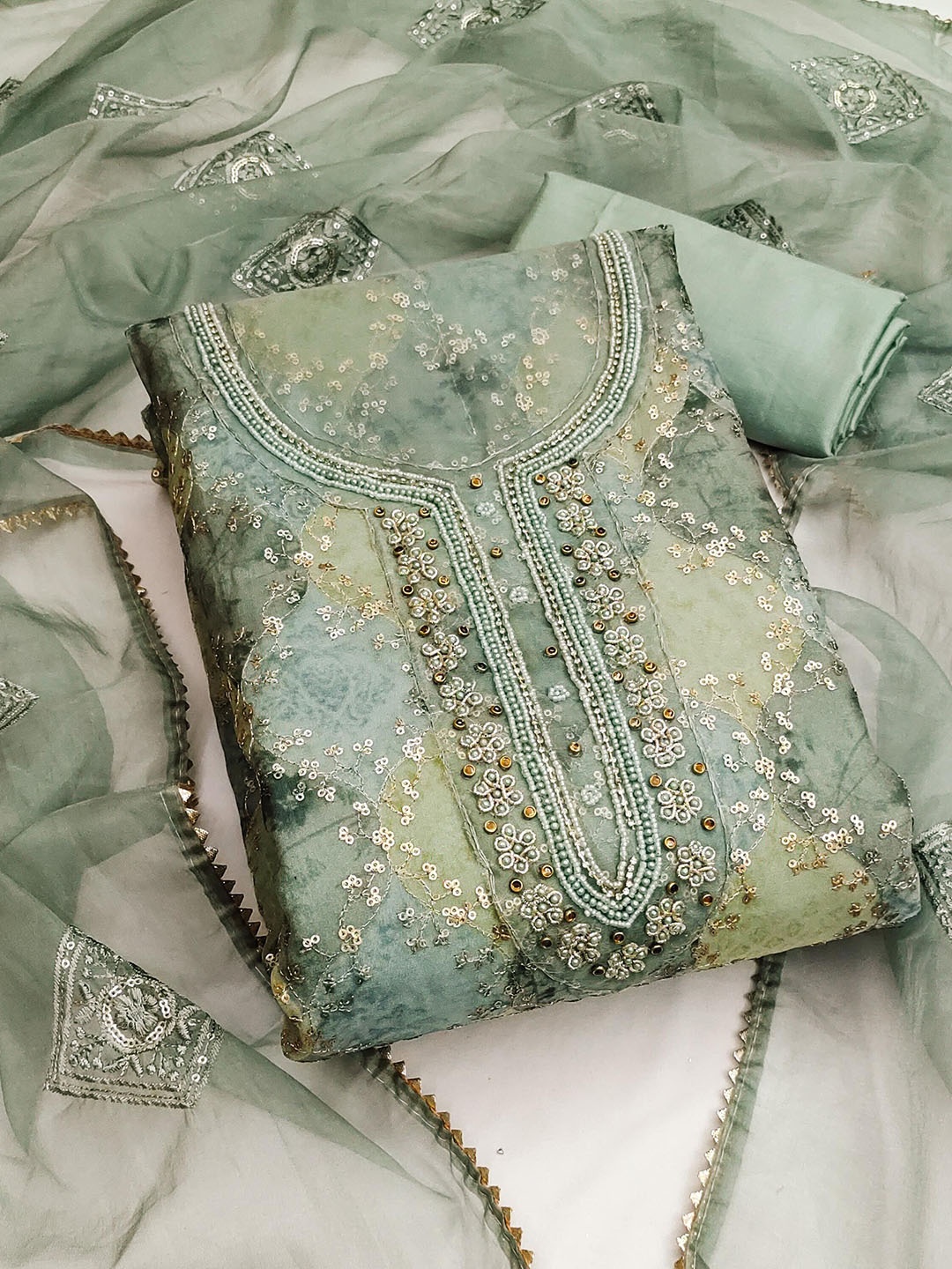 

SAINOOR Embroidered Organza Semi-Stitched Dress Material, Green