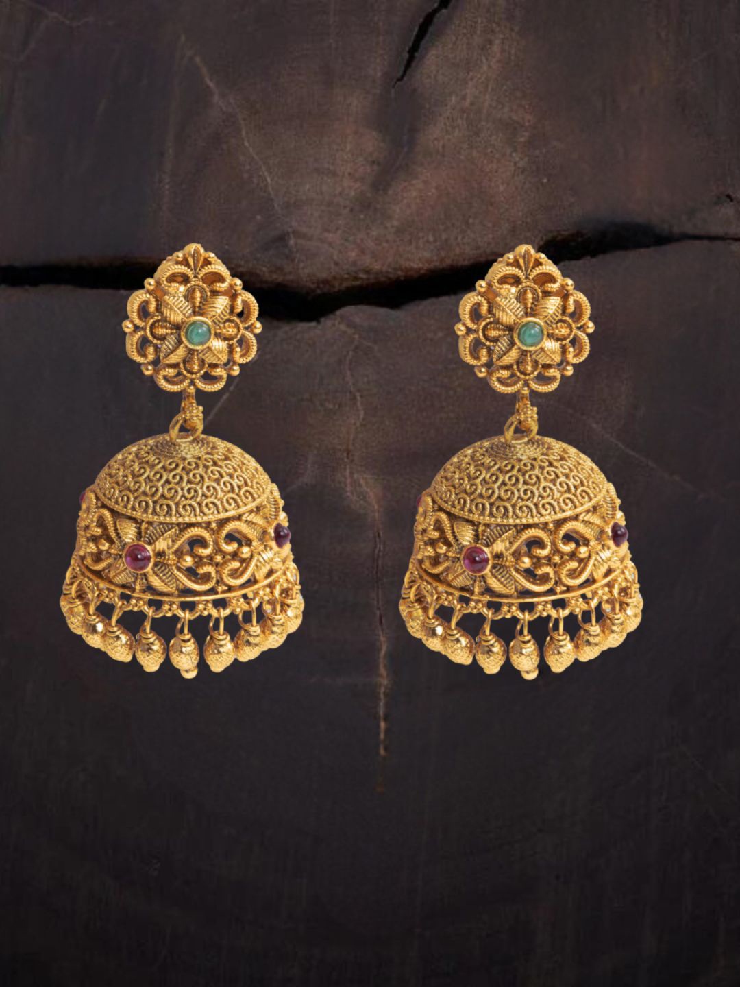 

South Temple Jewellery Gold-Plated Artificial Stoned Studded Dome Shaped Jhumkas