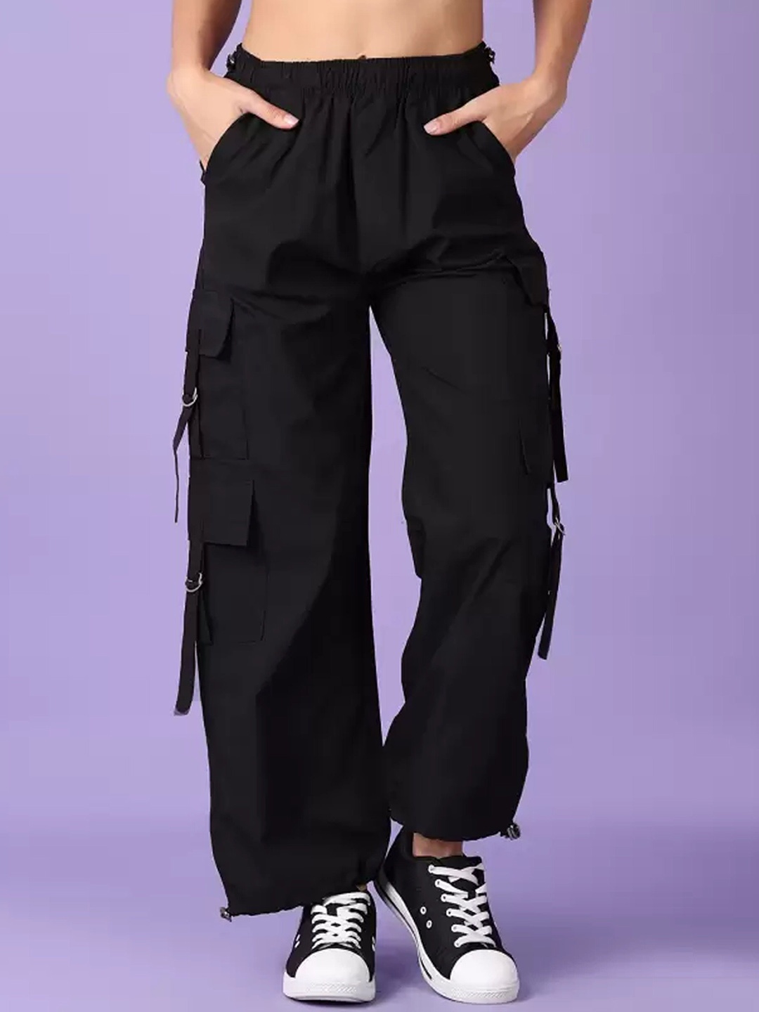 

Fashion2wear Women Cotton Comfort Loose Fit High-Rise Wrinkle Free Pleated Cargos Trousers, Black