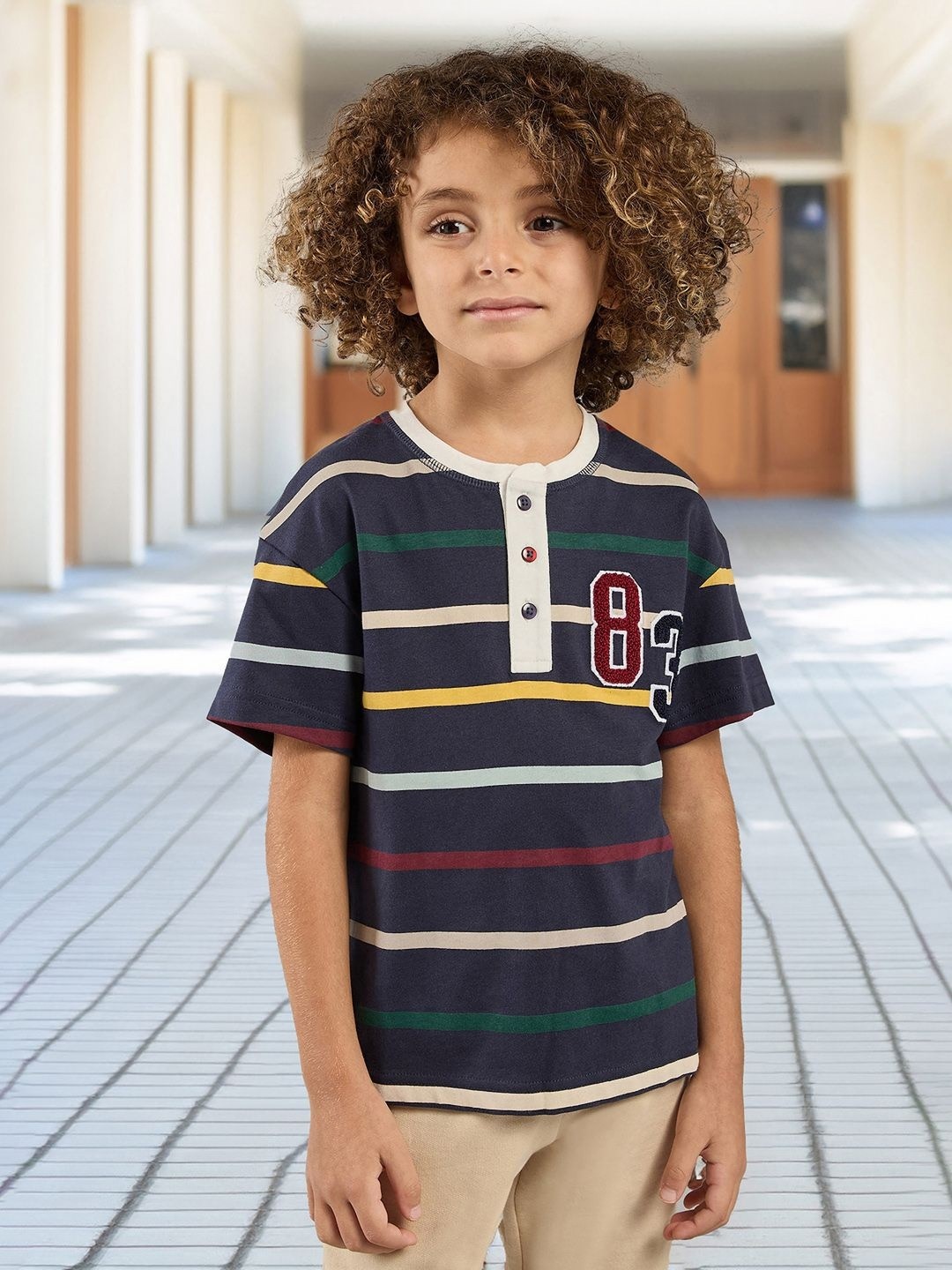 

max Boys Striped Henley Neck Applique T-shirt, Blue