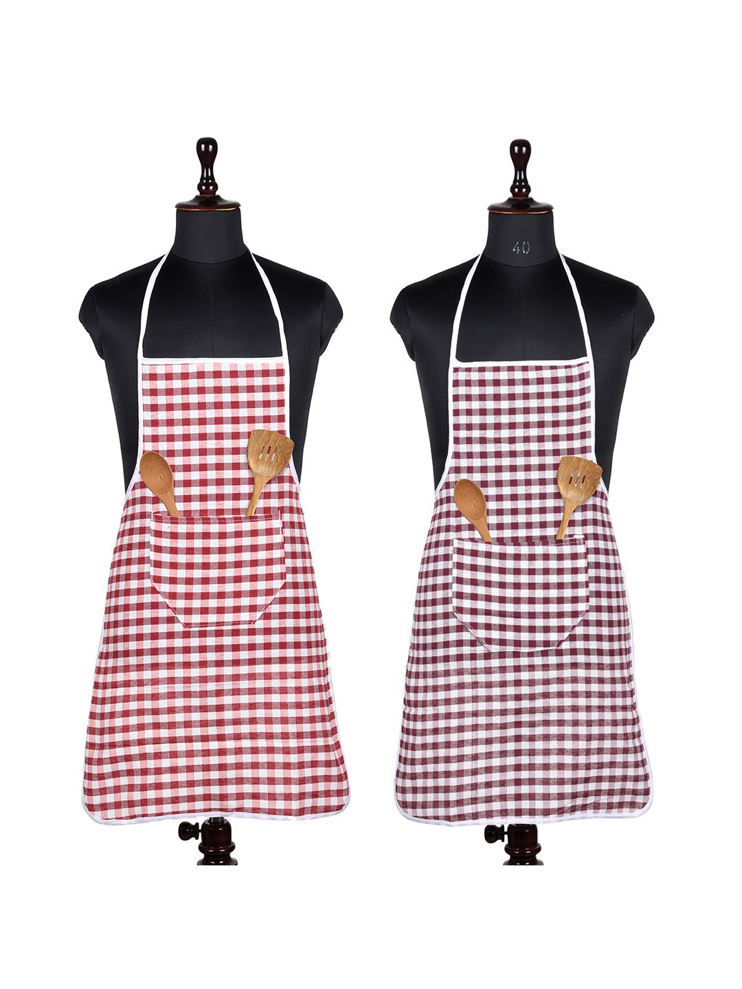 

Kuber Industries Red & White 2 Pieces Checked Cotton Front Pocket Aprons