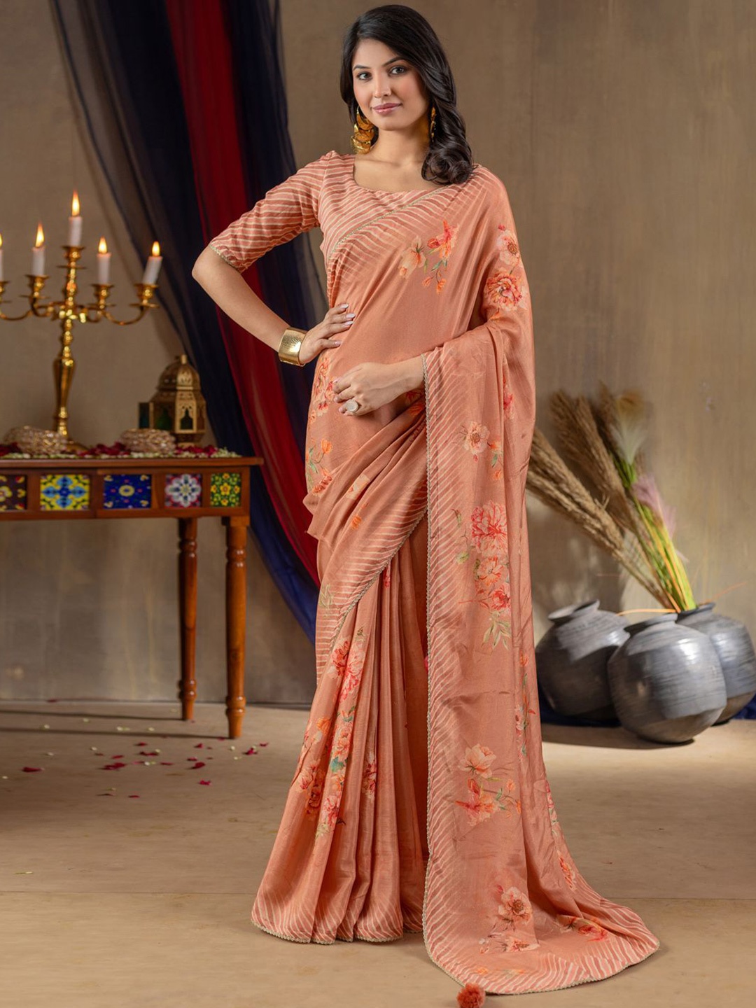 

Anouk Floral Block Print Saree, Peach