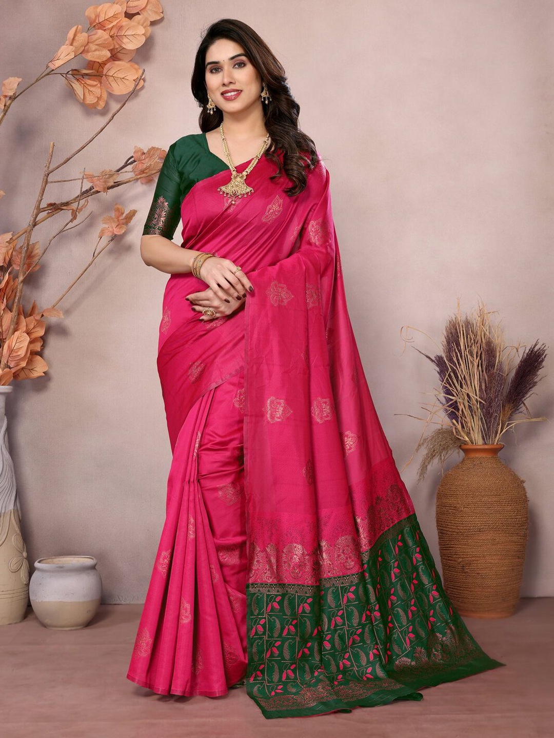 

PEORA'S CLOSET Ethnic Motifs Silk Blend Banarasi Saree, Pink