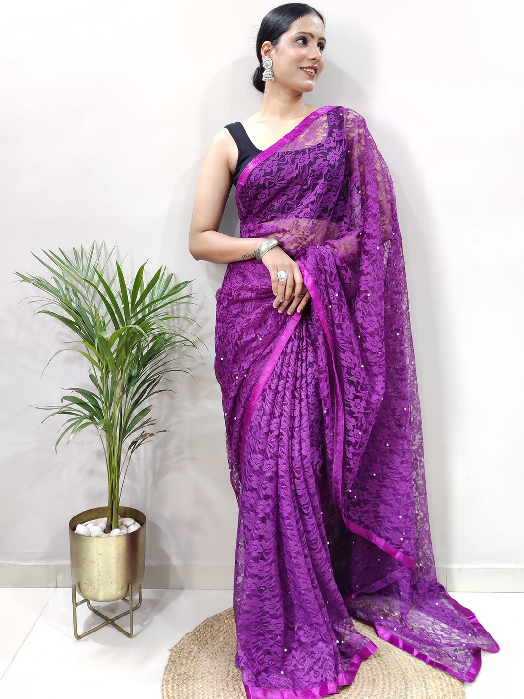 

V3 FASHION STUDIO Ethnic Motifs Beads and Stones Brasso Saree, Purple