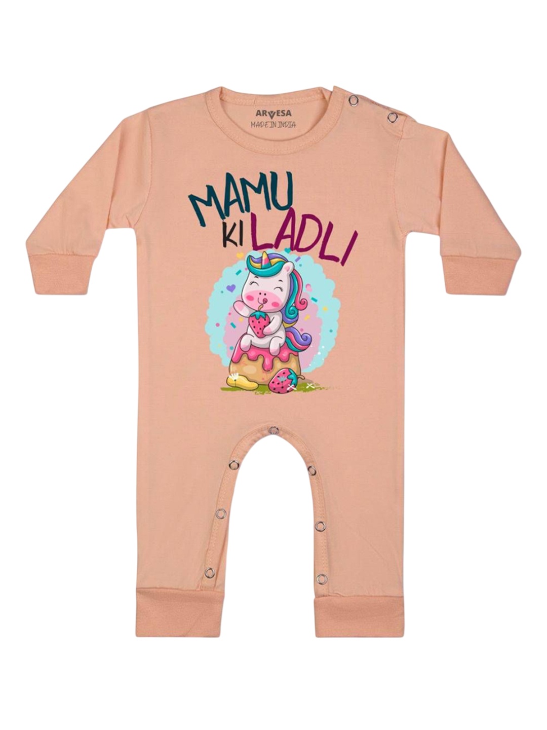 

Arvesa Kids Mamu Ki Ladli Printed Baby Romper, Peach