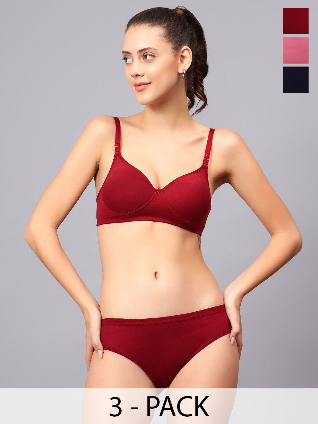 

Designer Bugs Pack Of 3 Cotton Non Padded Non Wired Lingerie Set NPLS-NB-BP-M-30B, Navy blue