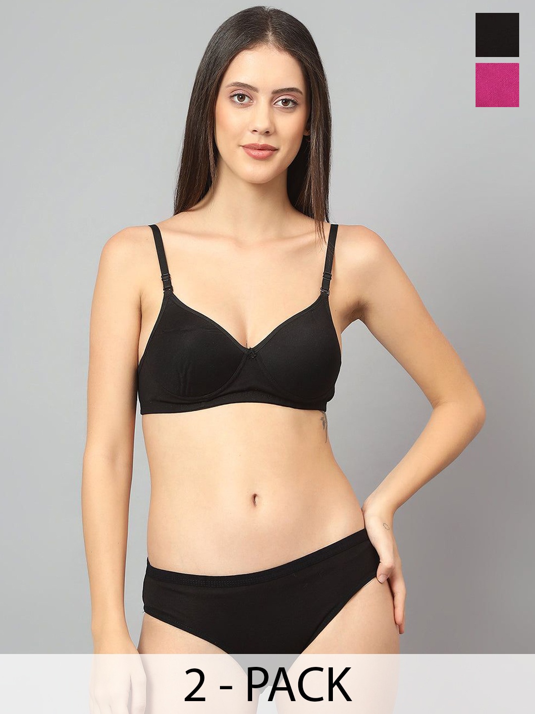 

Designer Bugs Pack Of 2 Cotton Non Padded Non Wired Lingerie Set NPLS-B-DP-30B, Black