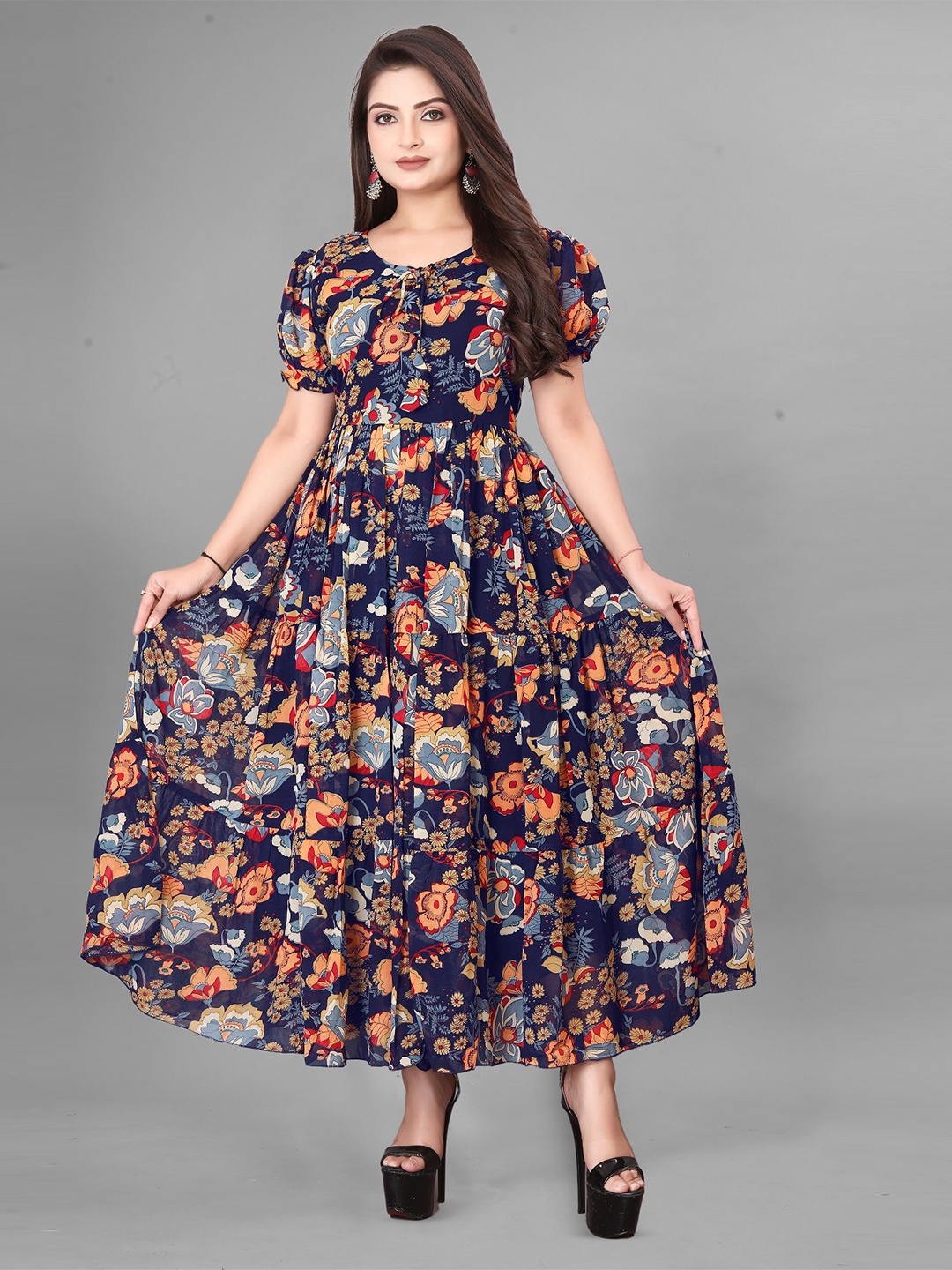 

KRISHTI CREATION Floral Print Puff Sleeve Georgette Fit & Flare Maxi Dress, Blue