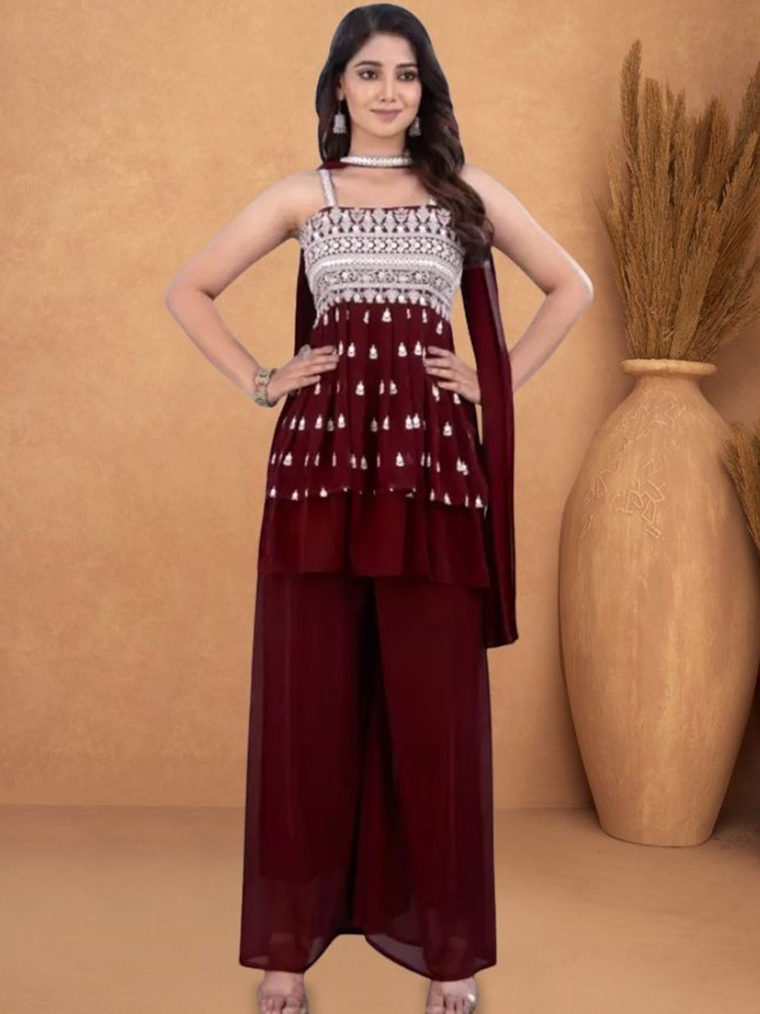 

PARROT CREATION Embroidered A-Line Sequinned Georgette Kurti With Sharara And Dupatta, Maroon