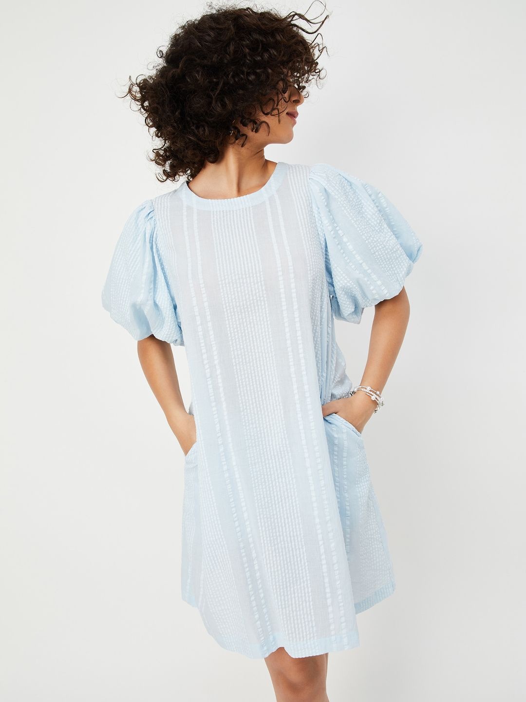 

max Striped Flutter Sleeve A-Line Dress, Blue