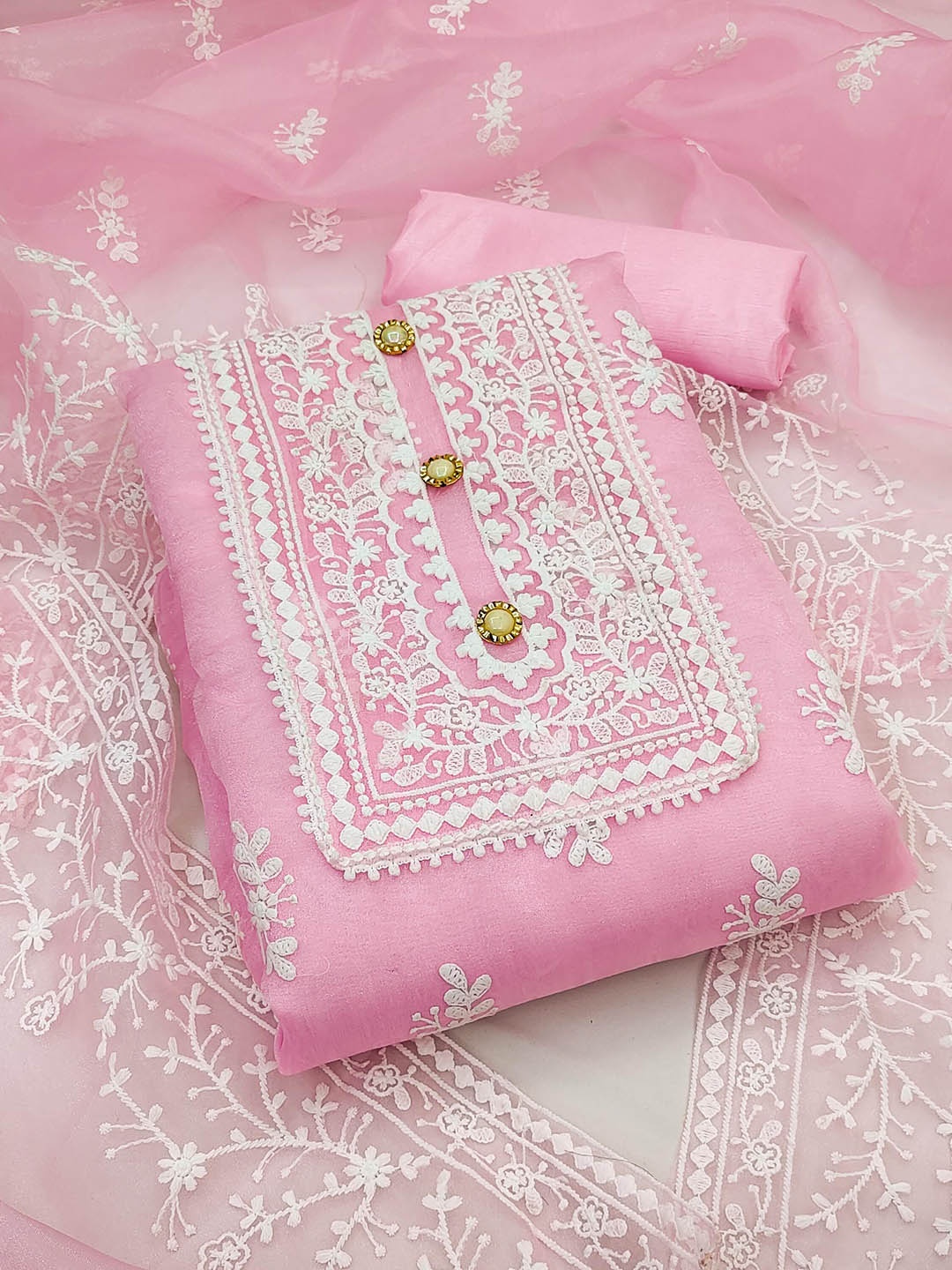 

SAINOOR Floral Embroidered Organza Unstitched Dress Material, Pink