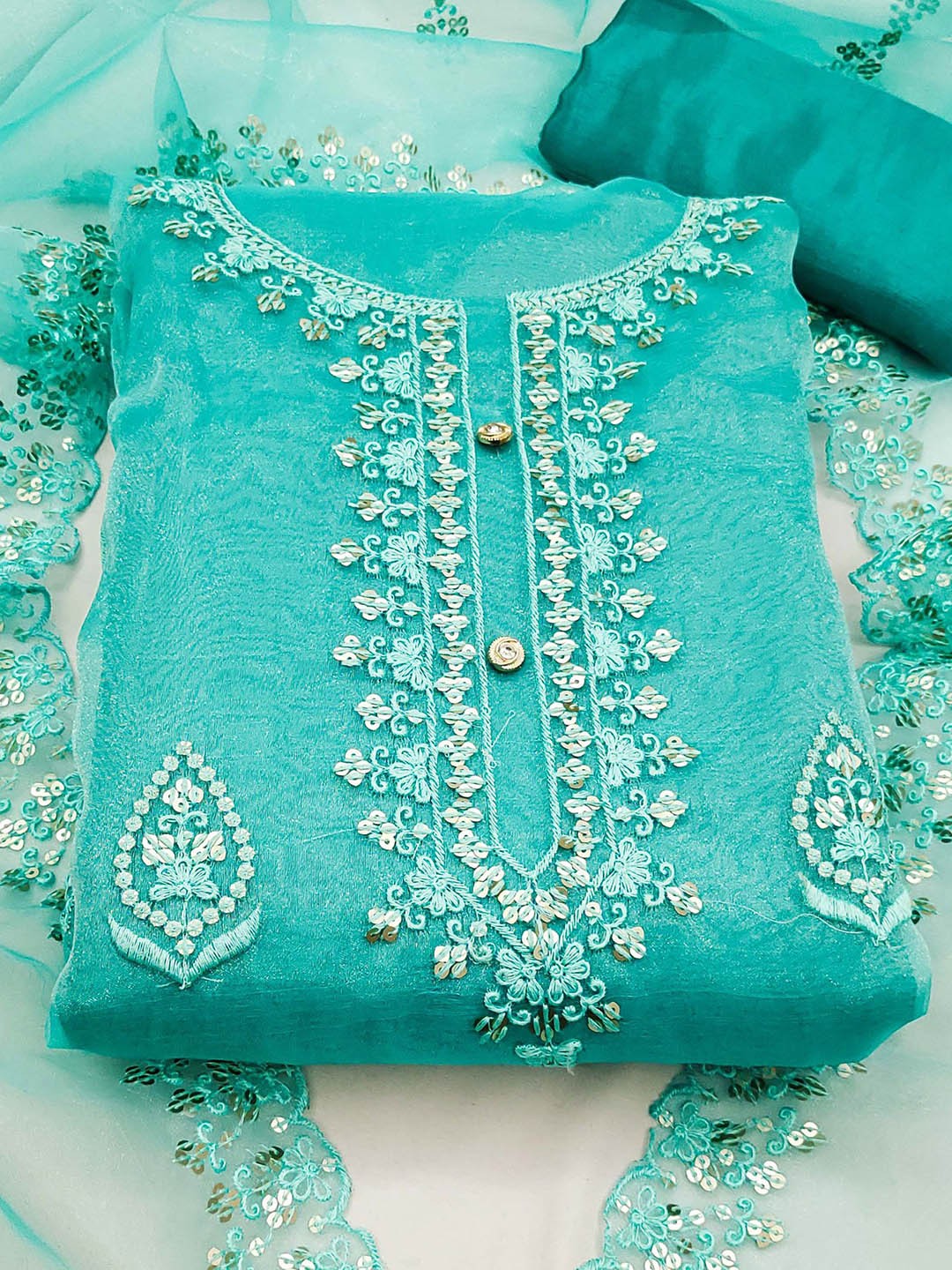 

SAINOOR Floral Embroidered Organza Sequinned Semi-Stitched Dress Material, Sea green