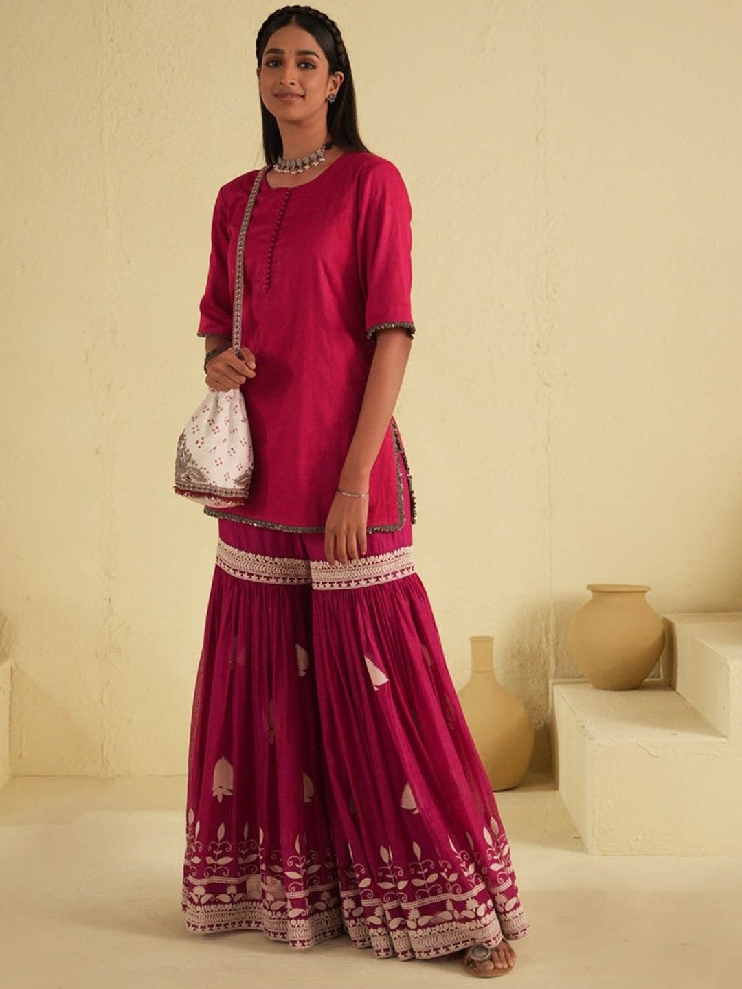 

SUSHRAM Round Neck Kurti with Sharara, Fuchsia