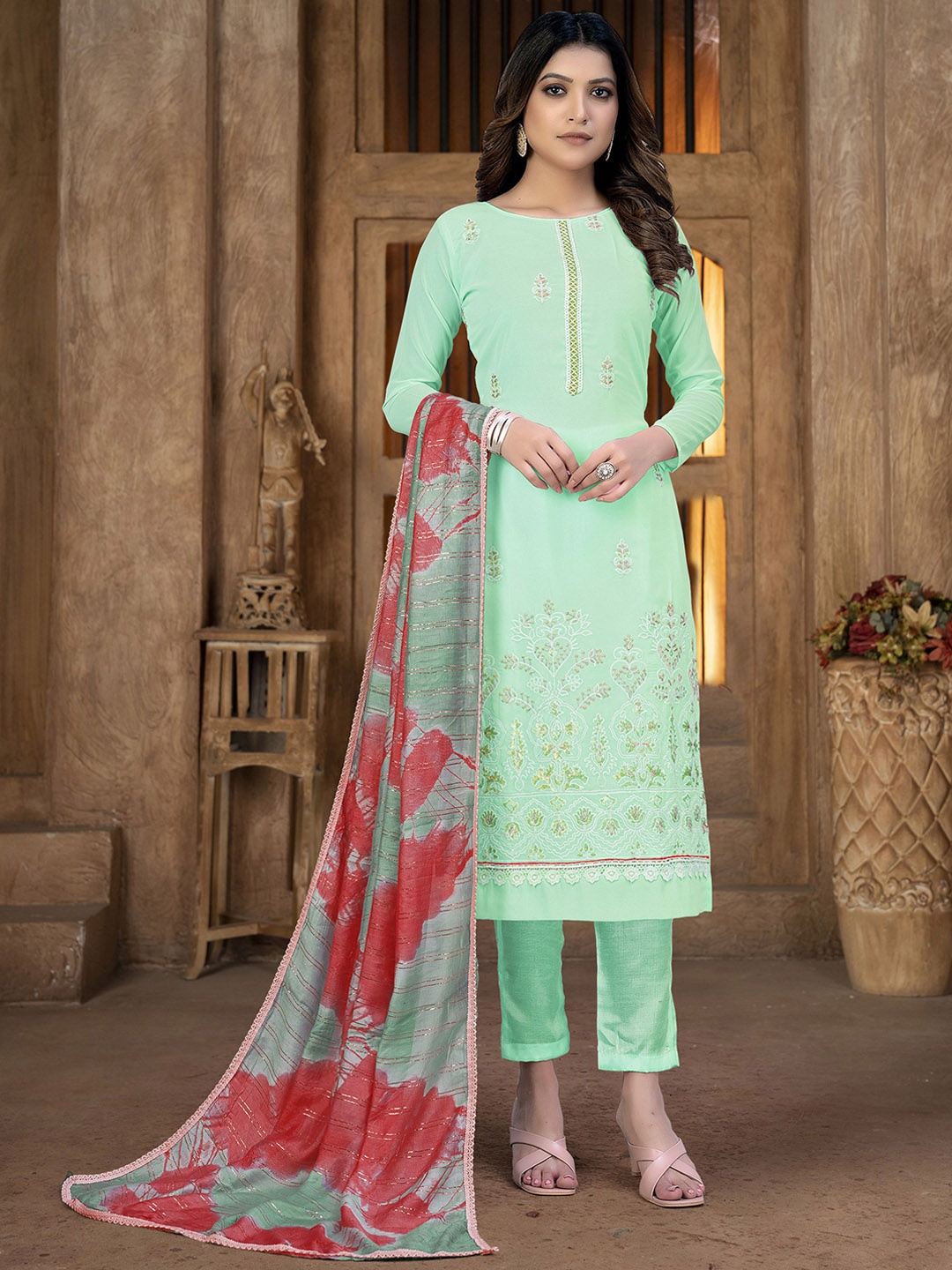 

SAINOOR Floral Embroidered Silk Georgette Semi-Stitched Dress Material, Sea green