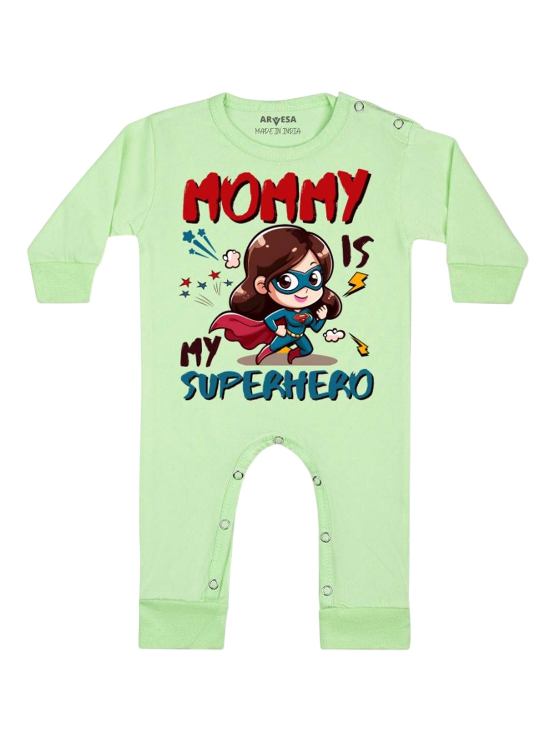 

Arvesa Kids Mommy Is My Superhero Printed Baby Romper, Green