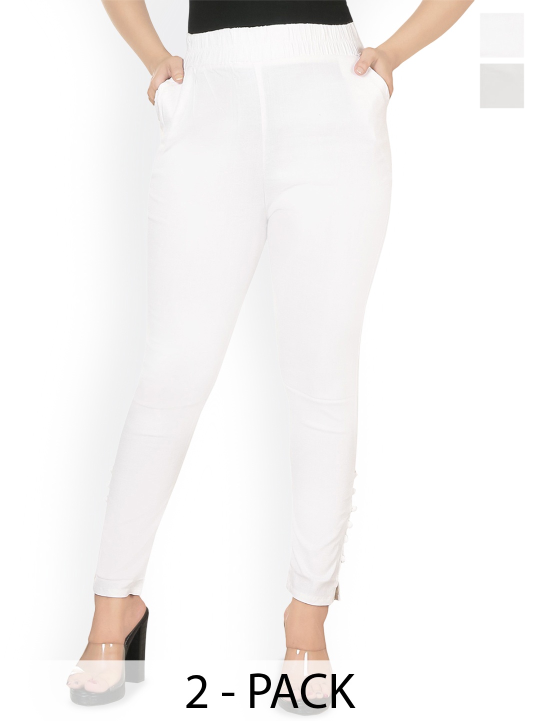 

Fessist Pack of 2 Women Relaxed Slim Fit Easy Wash Pleated Trousers, White