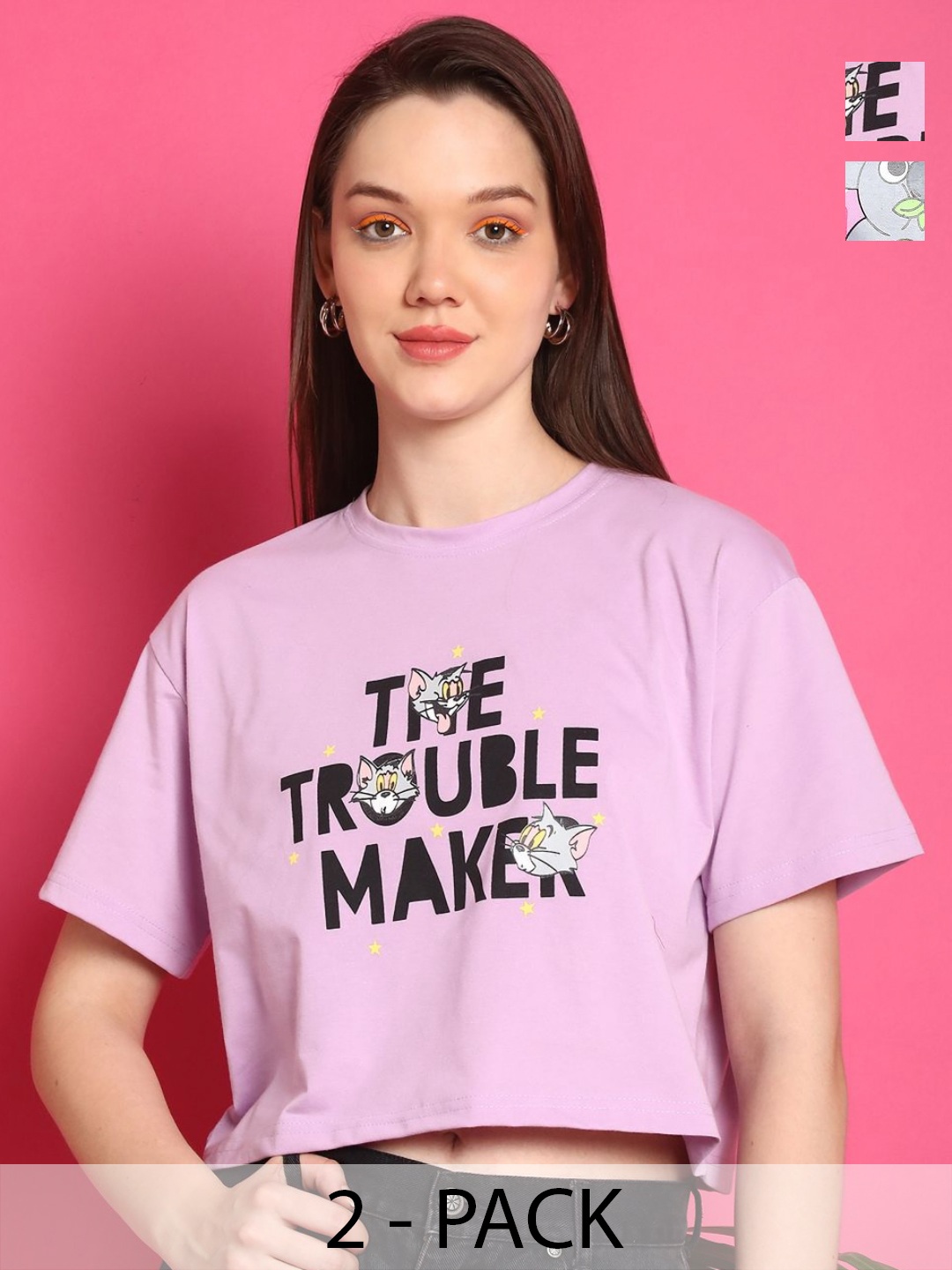 

Dreambe Women Pack of 2 Graphic Printed Round Neck Cotton Boxy T-shirts, Lavender