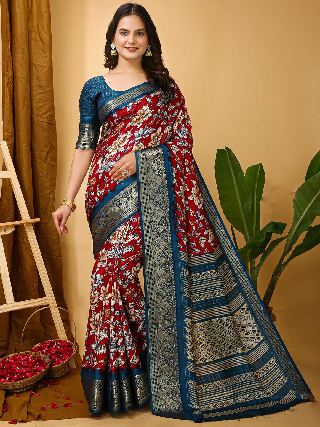 

V3 FASHION STUDIO Ethnic Motifs Zari Art Silk Saree, Red