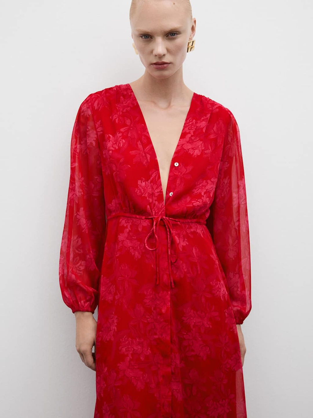

MANGO Floral Print Waist Tie-Up A-Line Midi Dress, Red